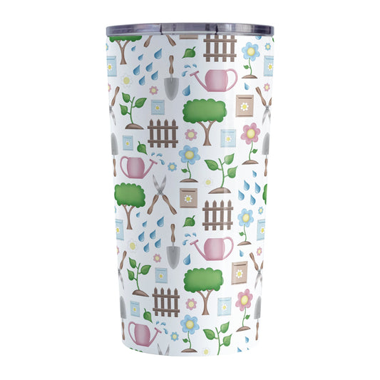 Spring Gardening Pattern Tumbler Cup (20oz) at Amy's Coffee Mugs. A stainless steel tumbler cup designed with a springtime gardening pattern with trees, plants, flowers, seed packets, watering cans, fences, and gardening tools in spring colors such as pink, blue, green, and brown.