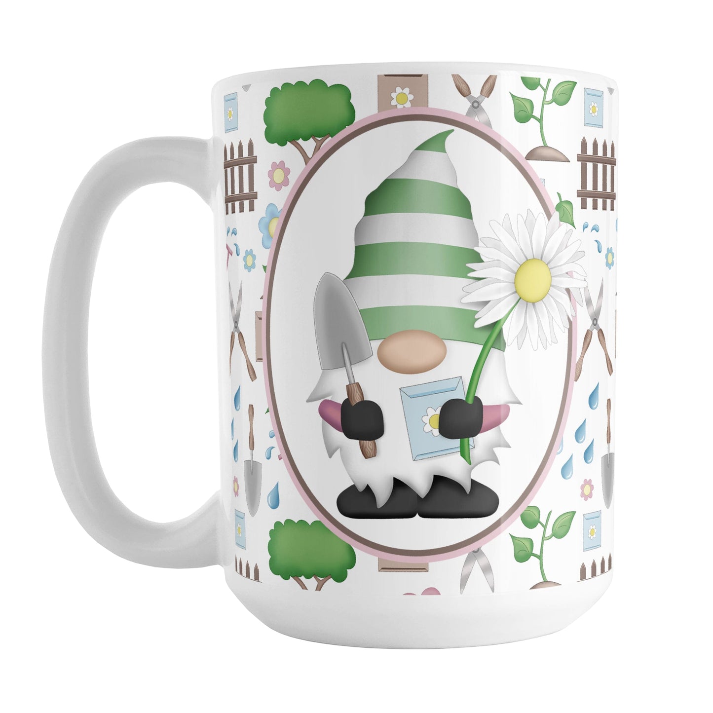 Spring Gnome Gardening Pattern Mug (15oz) at Amy's Coffee Mugs. A ceramic coffee mug designed with an adorable spring gardening gnome holding an oversized daisy in a white oval over a springtime gardening pattern with trees, plants, flowers, seed packets, watering cans, fences, and gardening tools in spring colors such as pink, blue, green, and brown.