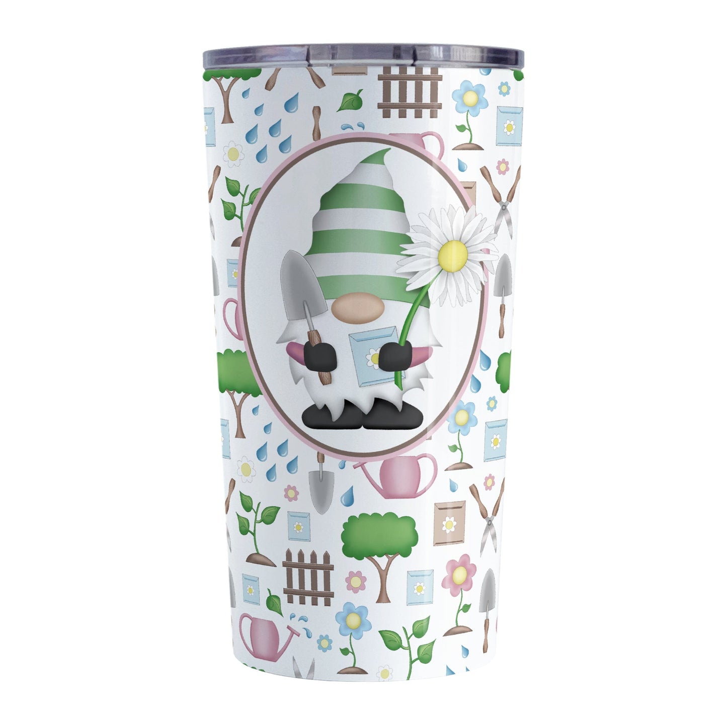 Spring Gnome Gardening Pattern Tumbler Cup (20oz) at Amy's Coffee Mugs. A stainless steel tumbler cup designed with an adorable spring gardening gnome holding an oversized daisy in a white oval over a springtime gardening pattern with trees, plants, flowers, seed packets, watering cans, fences, and gardening tools in spring colors such as pink, blue, green, and brown.