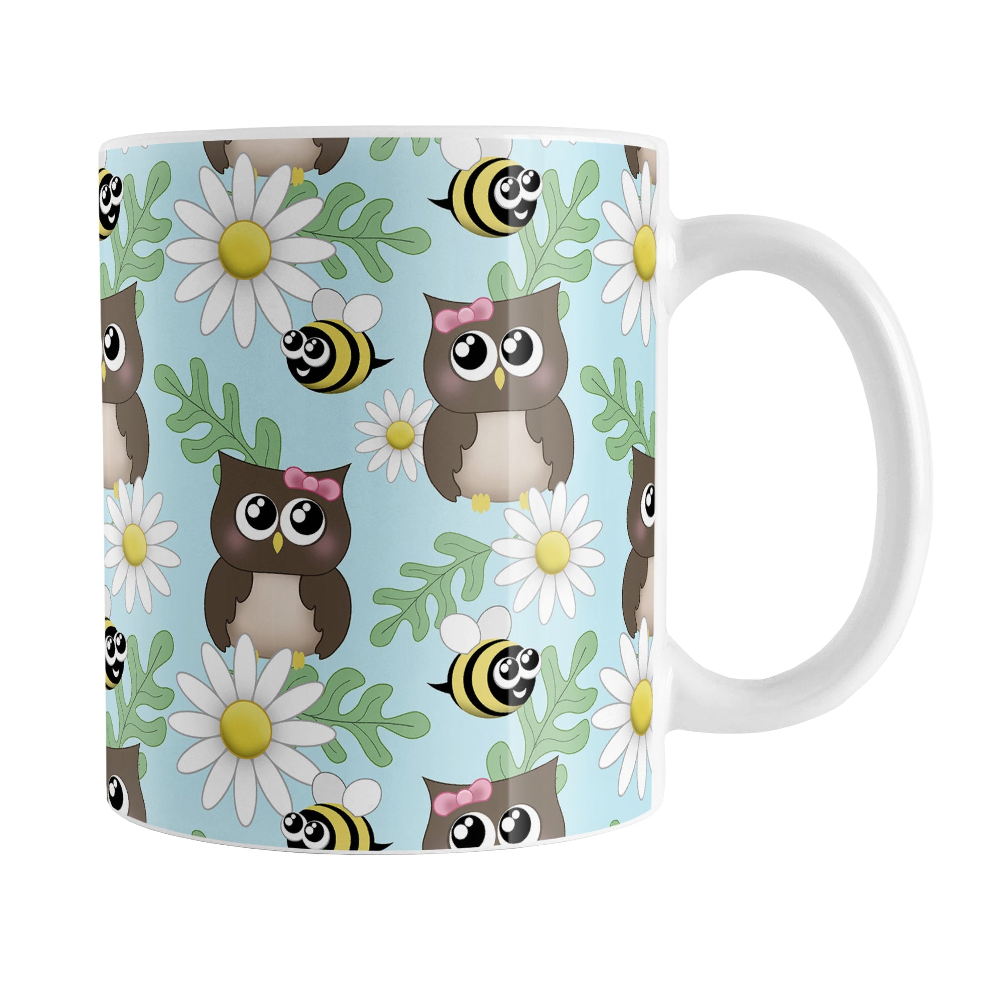 Spring Owl Bee Daisy Pattern Mug (11oz) at Amy's Coffee Mugs. A ceramic coffee mug designed with a pattern of brown owls with pink bows, happy bees, white daisy flowers, and green leaves over a light blue background color that wraps around the mug up to the handle.