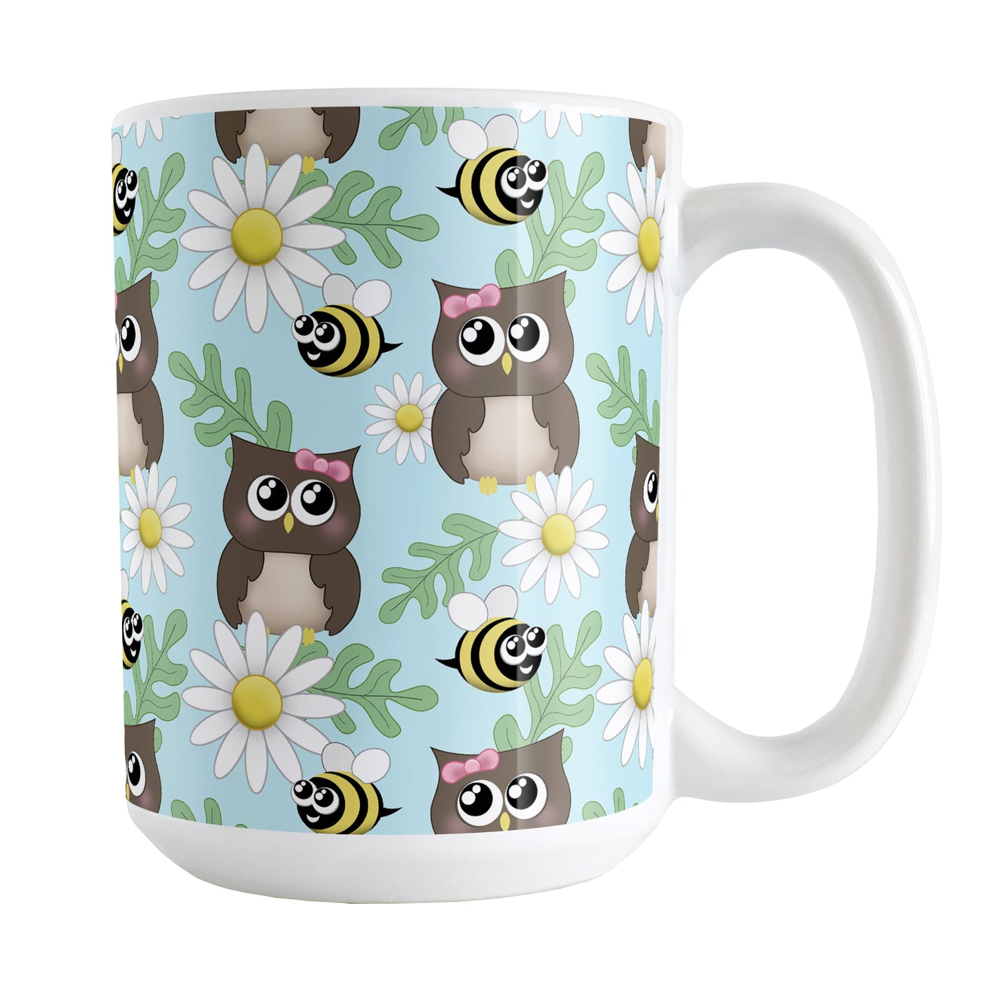Spring Owl Bee Daisy Pattern Mug (15oz) at Amy's Coffee Mugs. A ceramic coffee mug designed with a pattern of brown owls with pink bows, happy bees, white daisy flowers, and green leaves over a light blue background color that wraps around the mug up to the handle.
