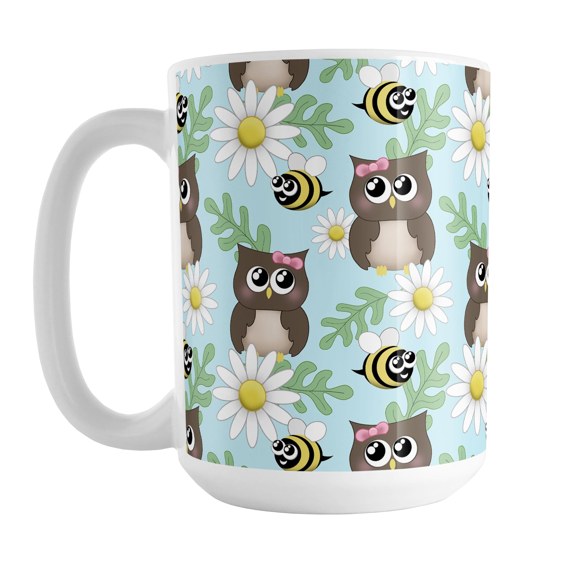 Spring Owl Bee Daisy Pattern Mug (15oz) at Amy's Coffee Mugs. A ceramic coffee mug designed with a pattern of brown owls with pink bows, happy bees, white daisy flowers, and green leaves over a light blue background color that wraps around the mug up to the handle.