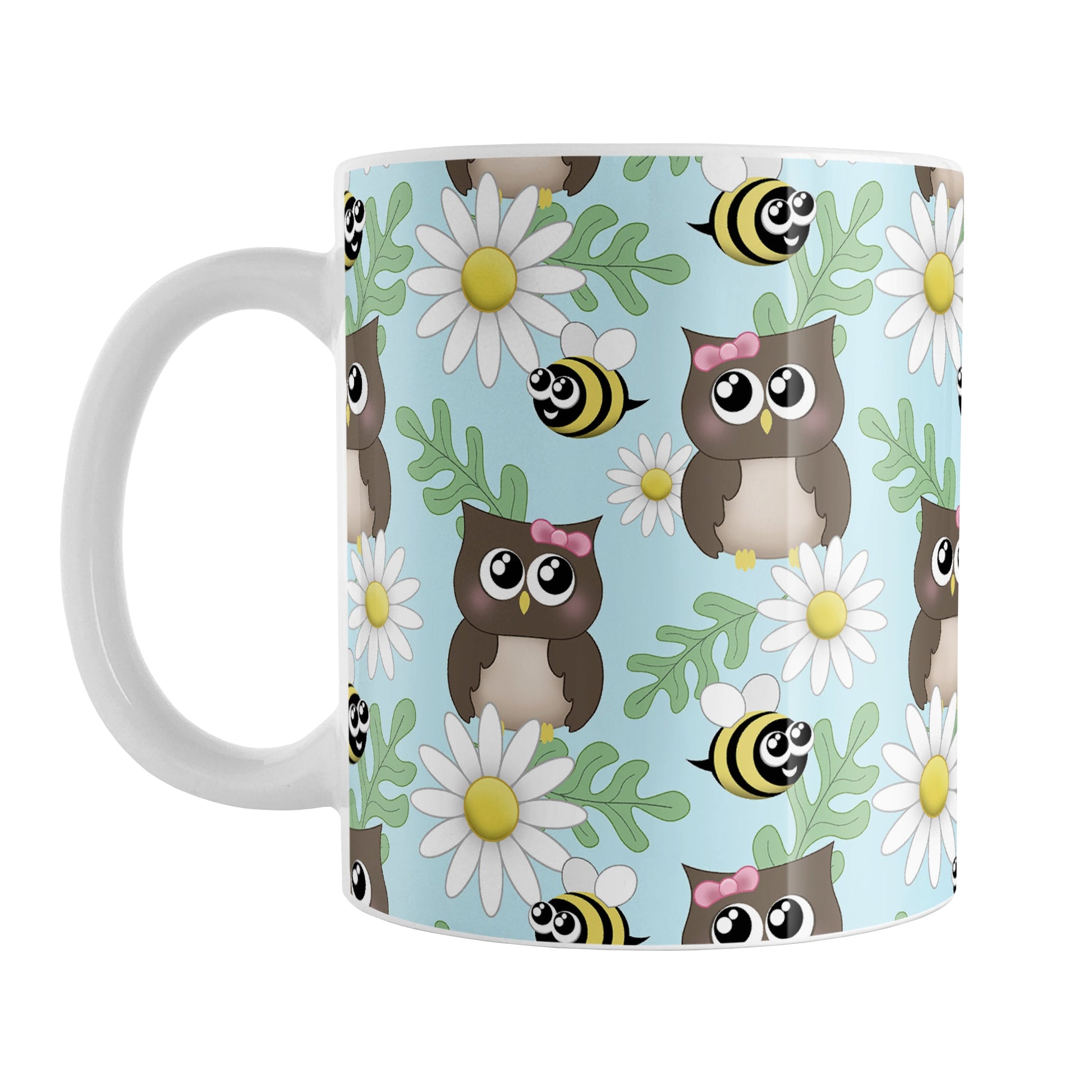 Spring Owl Bee Daisy Pattern Mug (11oz) at Amy's Coffee Mugs. A ceramic coffee mug designed with a pattern of brown owls with pink bows, happy bees, white daisy flowers, and green leaves over a light blue background color that wraps around the mug up to the handle.
