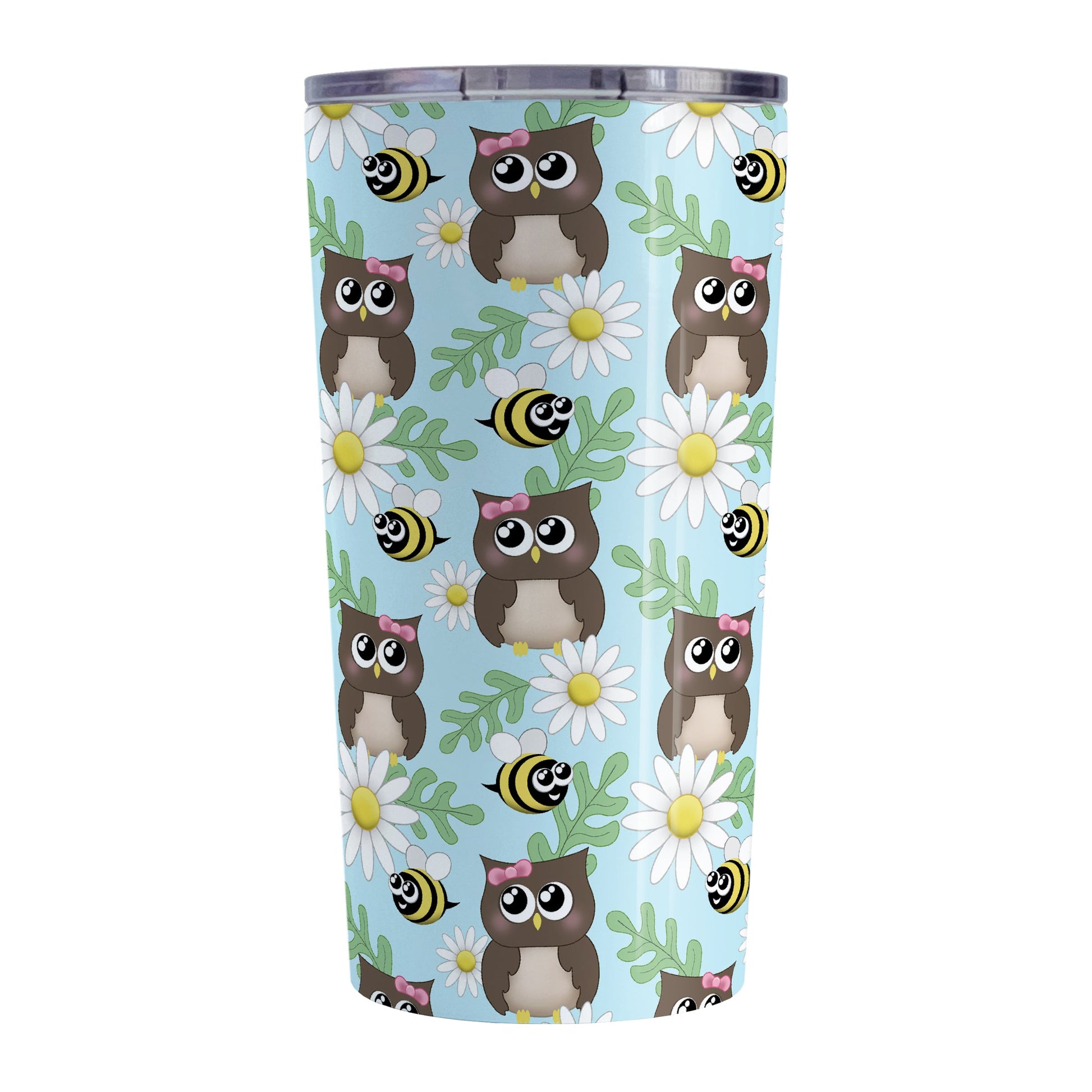 Spring Owl Bee Daisy Pattern Tumbler Cup (20oz, stainless steel insulated) at Amy's Coffee Mugs. A tumbler cup designed with a pattern of brown owls with pink bows, happy bees, white daisy flowers, and green leaves over a light blue background color that wraps around the cup.