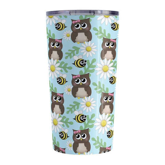 Spring Owl Bee Daisy Pattern Tumbler Cup (20oz, stainless steel insulated) at Amy's Coffee Mugs. A tumbler cup designed with a pattern of brown owls with pink bows, happy bees, white daisy flowers, and green leaves over a light blue background color that wraps around the cup.