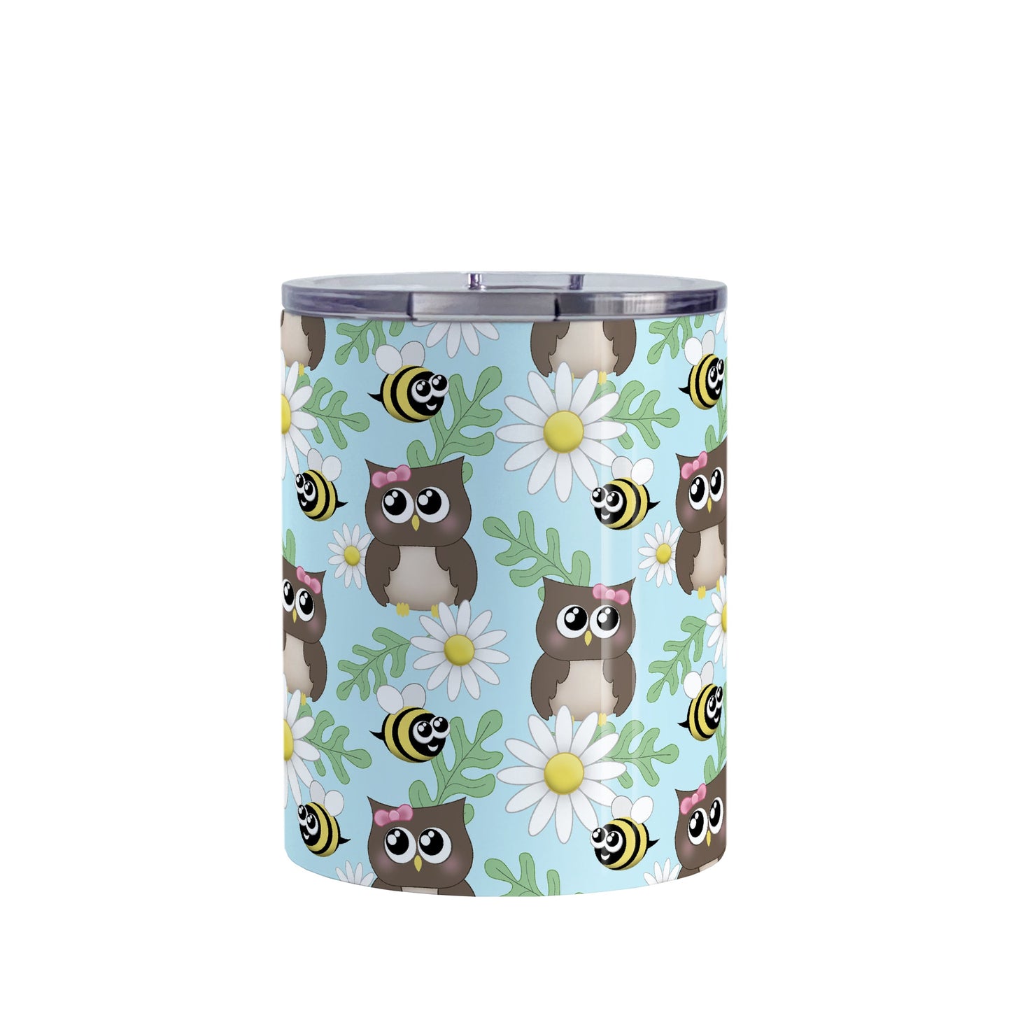 Spring Owl Bee Daisy Pattern Tumbler Cup (10oz, stainless steel insulated) at Amy's Coffee Mugs. A tumbler cup designed with a pattern of brown owls with pink bows, happy bees, white daisy flowers, and green leaves over a light blue background color that wraps around the cup.