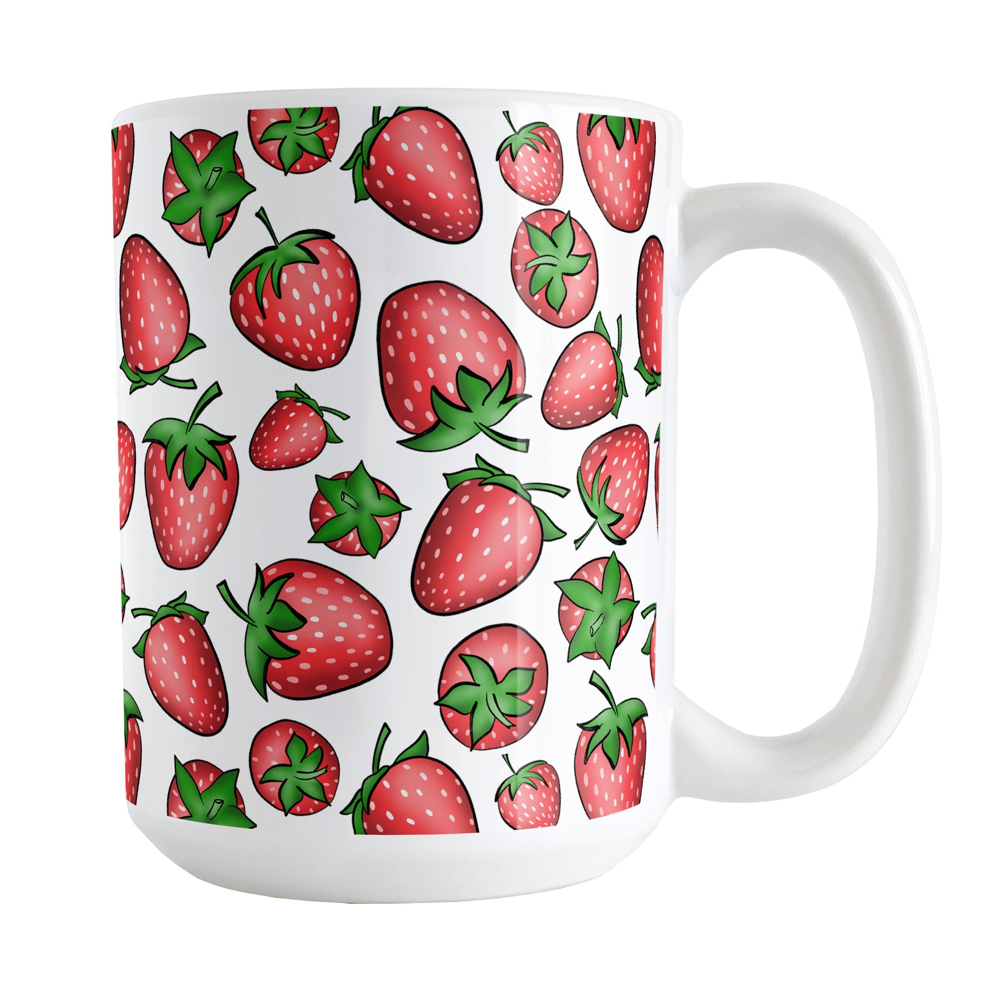 Strawberries Mug (15oz) at Amy's Coffee Mugs. A ceramic coffee mug featuring a print of hand-drawn strawberries in red and green in an assorted pattern that wraps around the mug up to the handle.