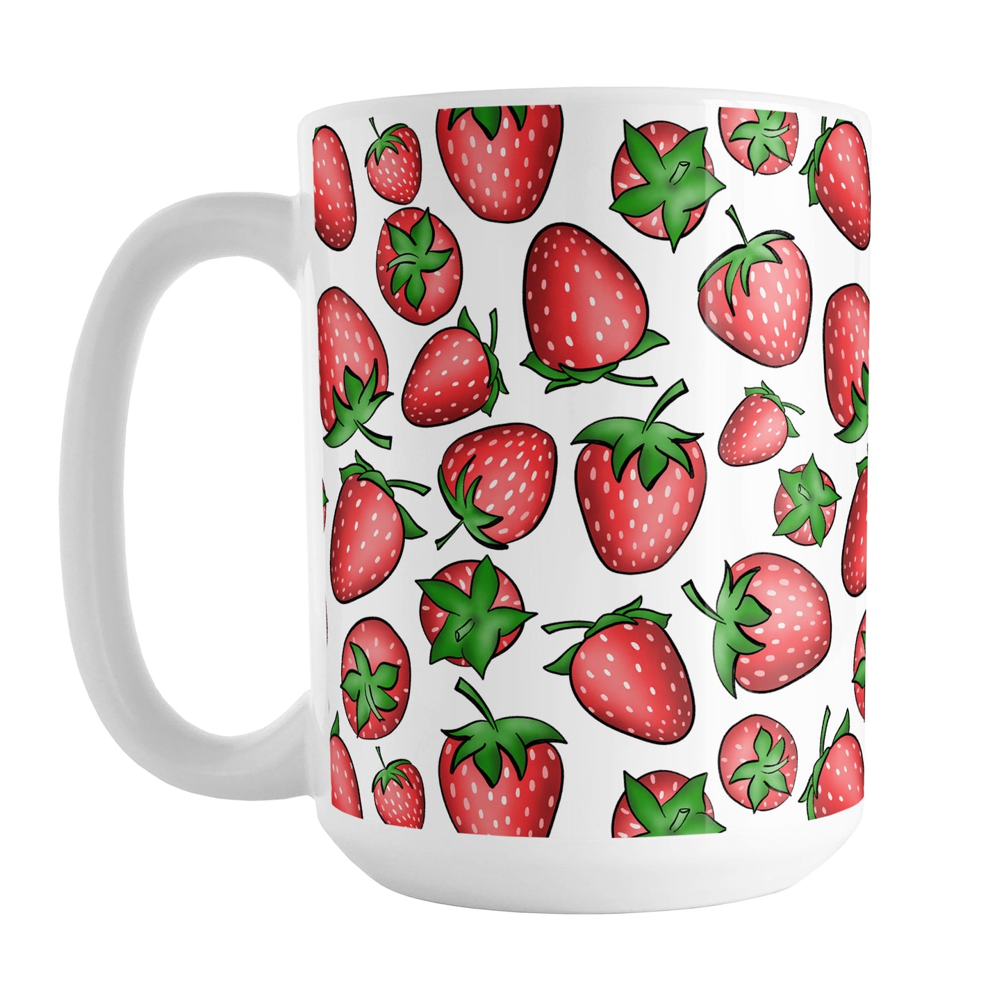 Strawberries Mug (15oz) at Amy's Coffee Mugs. A ceramic coffee mug featuring a print of hand-drawn strawberries in red and green in an assorted pattern that wraps around the mug up to the handle.
