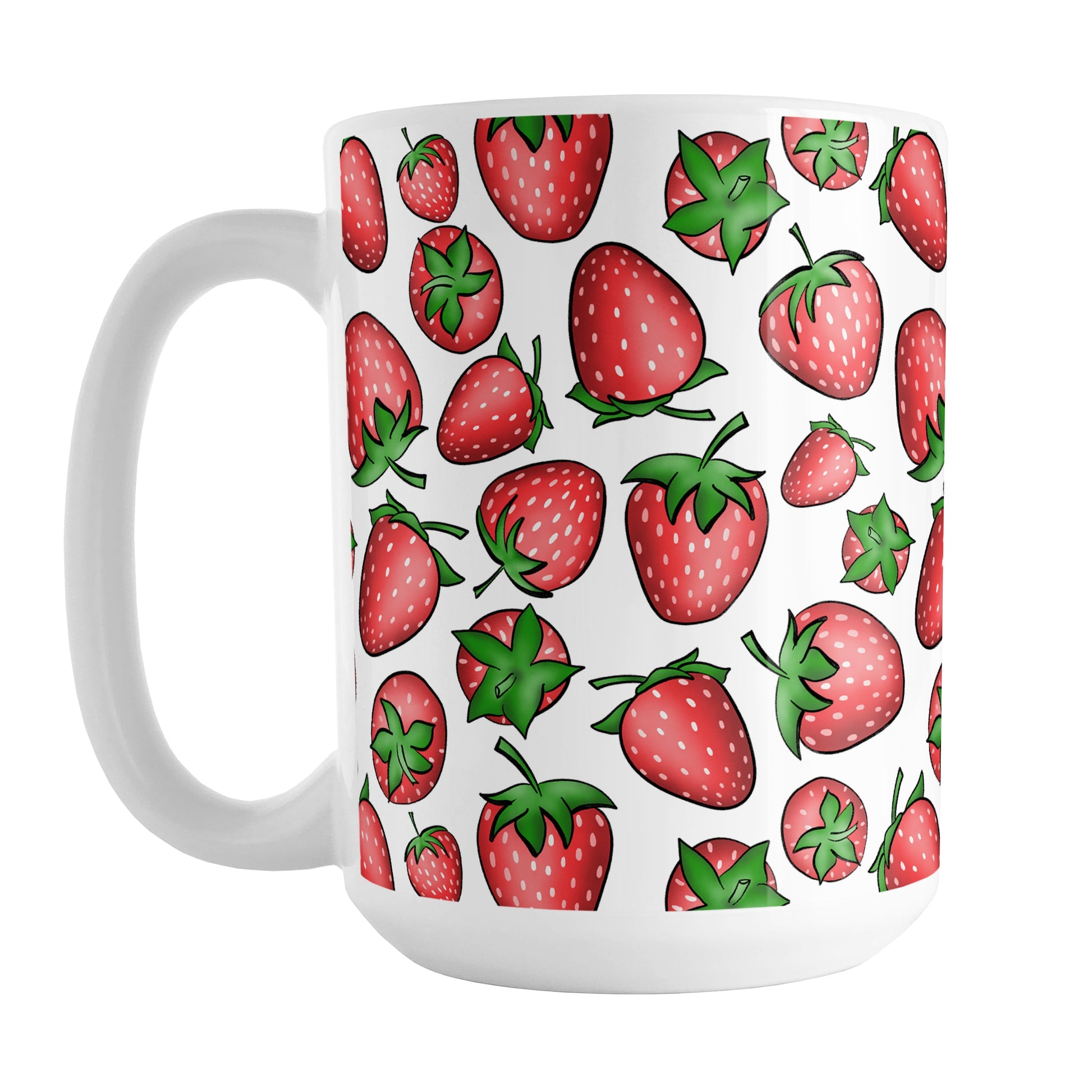 Strawberries Mug (15oz) at Amy's Coffee Mugs. A ceramic coffee mug featuring a print of hand-drawn strawberries in red and green in an assorted pattern that wraps around the mug up to the handle.