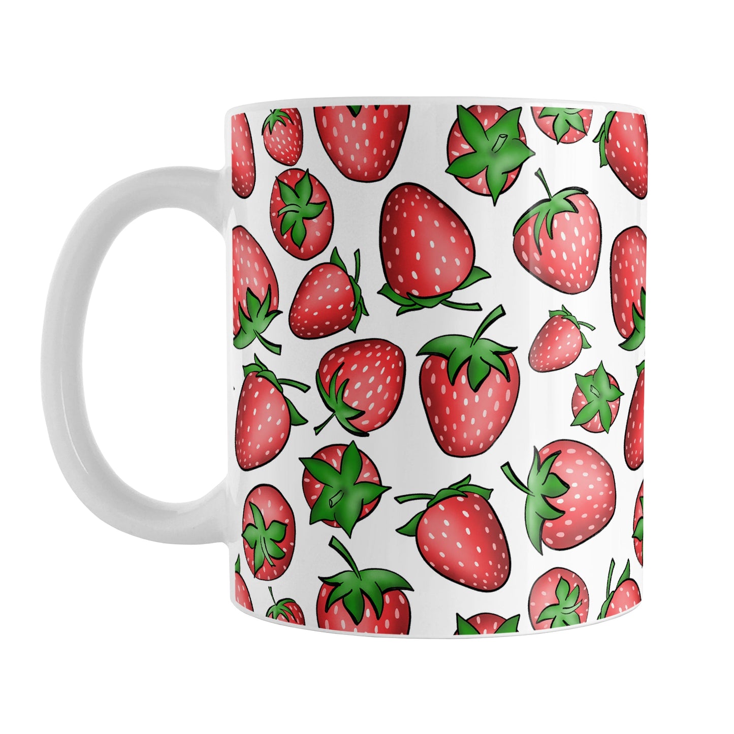 Strawberries Mug (11oz) at Amy's Coffee Mugs. A ceramic coffee mug featuring a print of hand-drawn strawberries in red and green in an assorted pattern that wraps around the mug up to the handle.