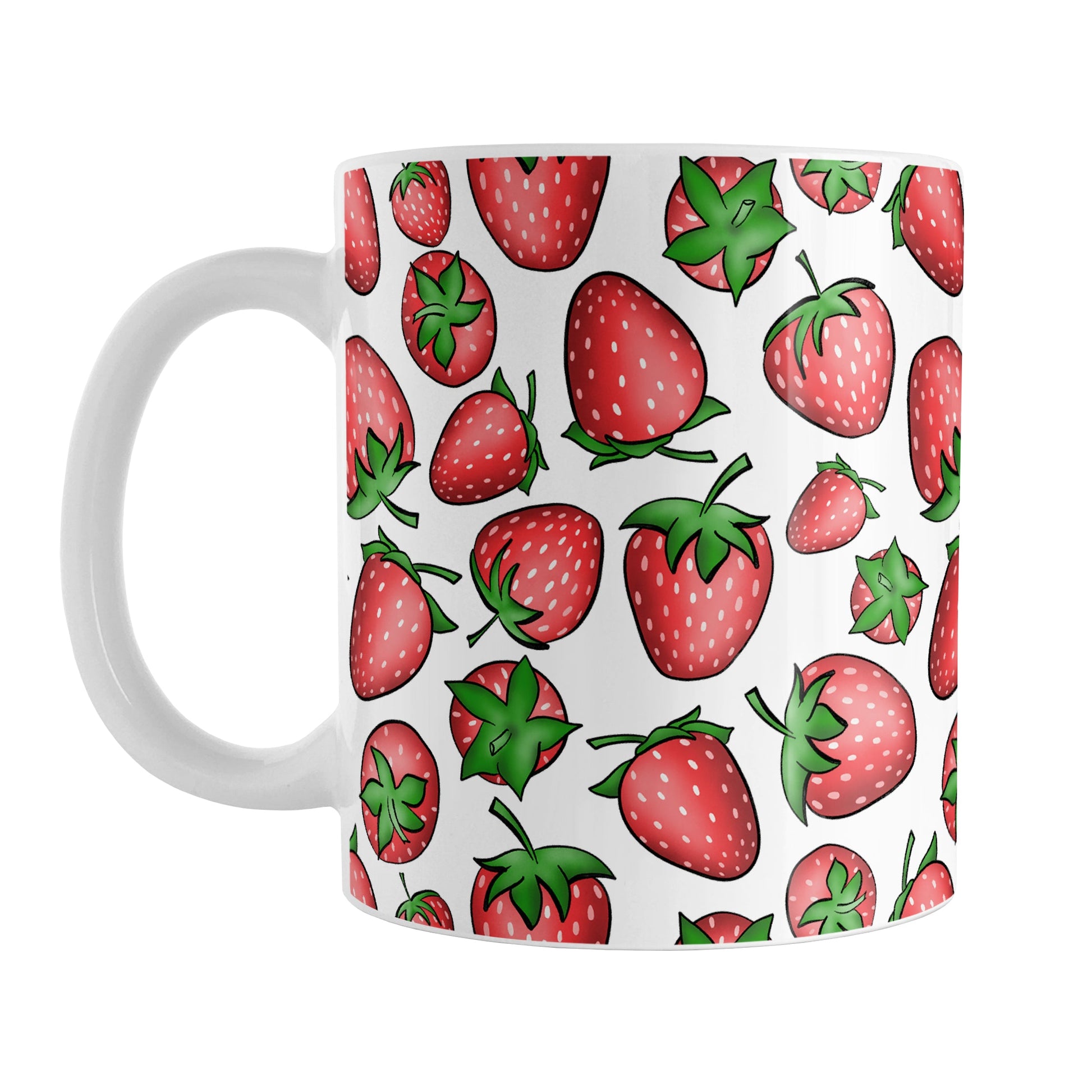 Strawberries Mug (11oz) at Amy's Coffee Mugs. A ceramic coffee mug featuring a print of hand-drawn strawberries in red and green in an assorted pattern that wraps around the mug up to the handle.