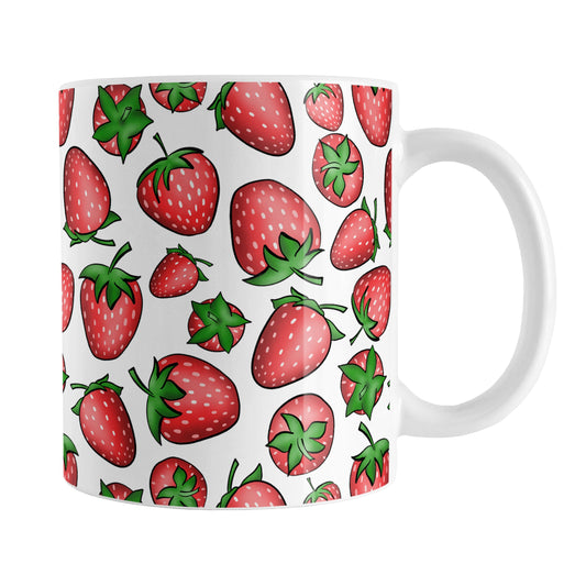 Strawberries Mug (11oz) at Amy's Coffee Mugs. A ceramic coffee mug featuring a print of hand-drawn strawberries in red and green in an assorted pattern that wraps around the mug up to the handle.
