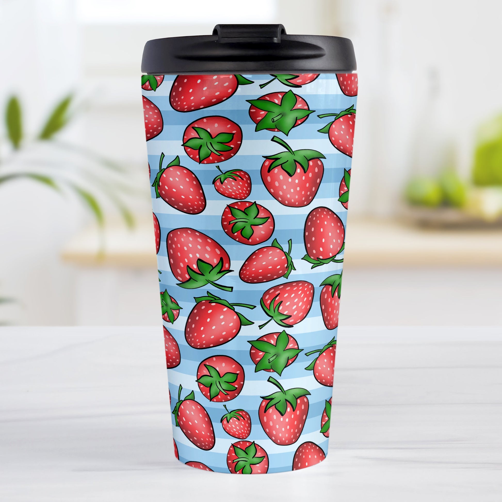 Strawberries on Blue Stripes Travel Mug (15oz) at Amy's Coffee Mugs. A travel mug featuring a print of hand-drawn strawberries in red and green in an assorted pattern over a blue stripes background that wraps around the mug.