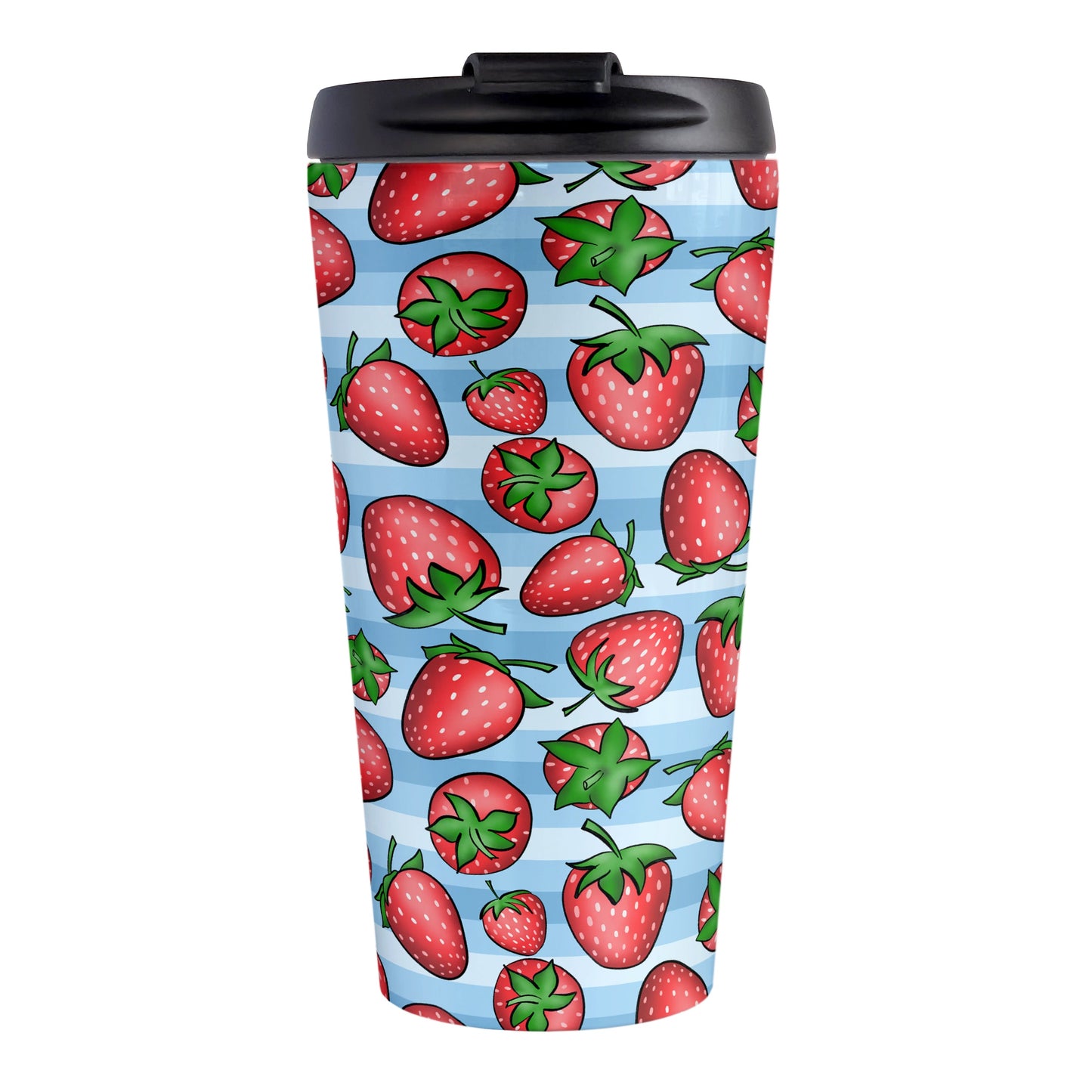 Strawberries on Blue Stripes Travel Mug (15oz) at Amy's Coffee Mugs. A travel mug featuring a print of hand-drawn strawberries in red and green in an assorted pattern over a blue stripes background that wraps around the mug.