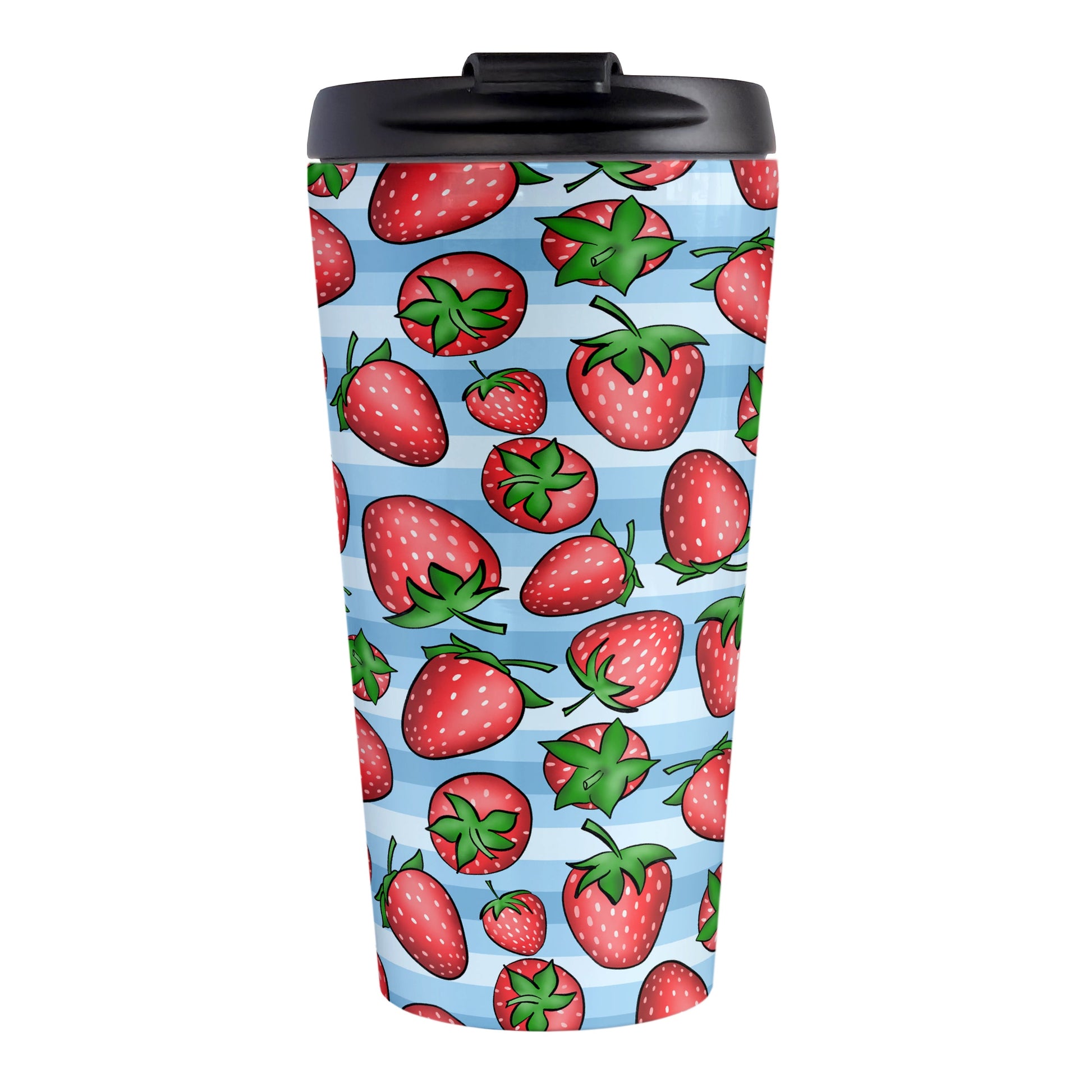 Strawberries on Blue Stripes Travel Mug (15oz) at Amy's Coffee Mugs. A travel mug featuring a print of hand-drawn strawberries in red and green in an assorted pattern over a blue stripes background that wraps around the mug.