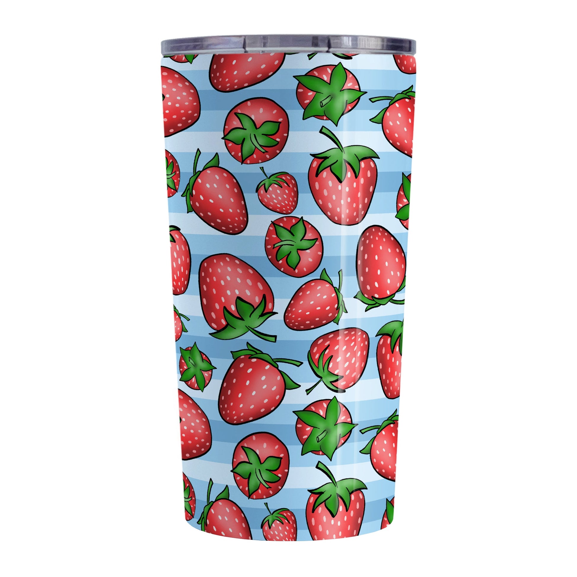 Strawberries on Blue Stripes Tumbler Cup (20oz, stainless steel insulated) at Amy's Coffee Mugs. A tumbler cup featuring a print of hand-drawn strawberries in red and green in an assorted pattern over a blue stripes background that wraps around the cup.