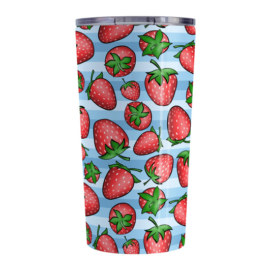 Strawberries on Blue Stripes Tumbler Cup (20oz, stainless steel insulated) at Amy's Coffee Mugs. A tumbler cup featuring a print of hand-drawn strawberries in red and green in an assorted pattern over a blue stripes background that wraps around the cup.