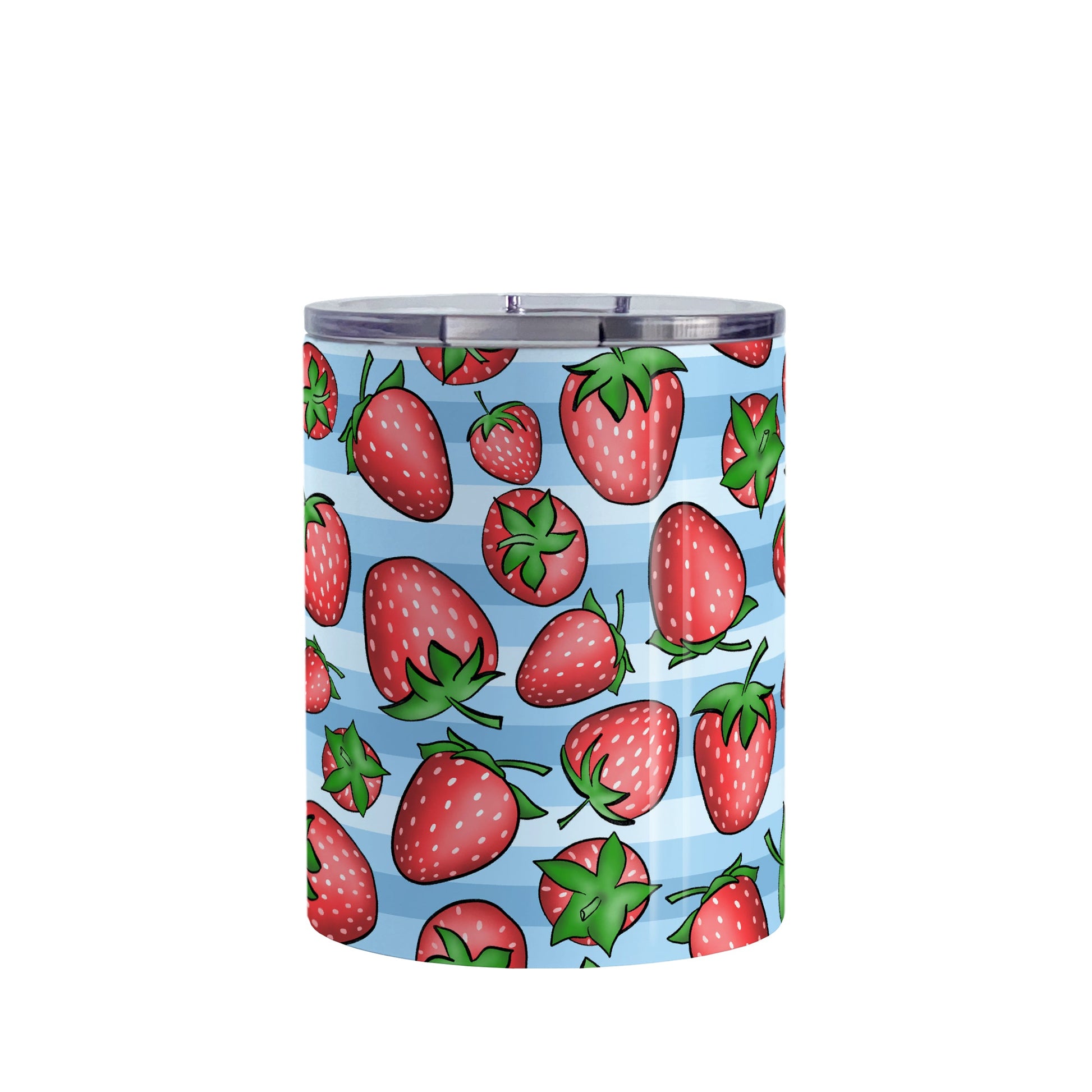 Strawberries on Blue Stripes Tumbler Cup (10oz, stainless steel insulated) at Amy's Coffee Mugs. A tumbler cup featuring a print of hand-drawn strawberries in red and green in an assorted pattern over a blue stripes background that wraps around the cup.