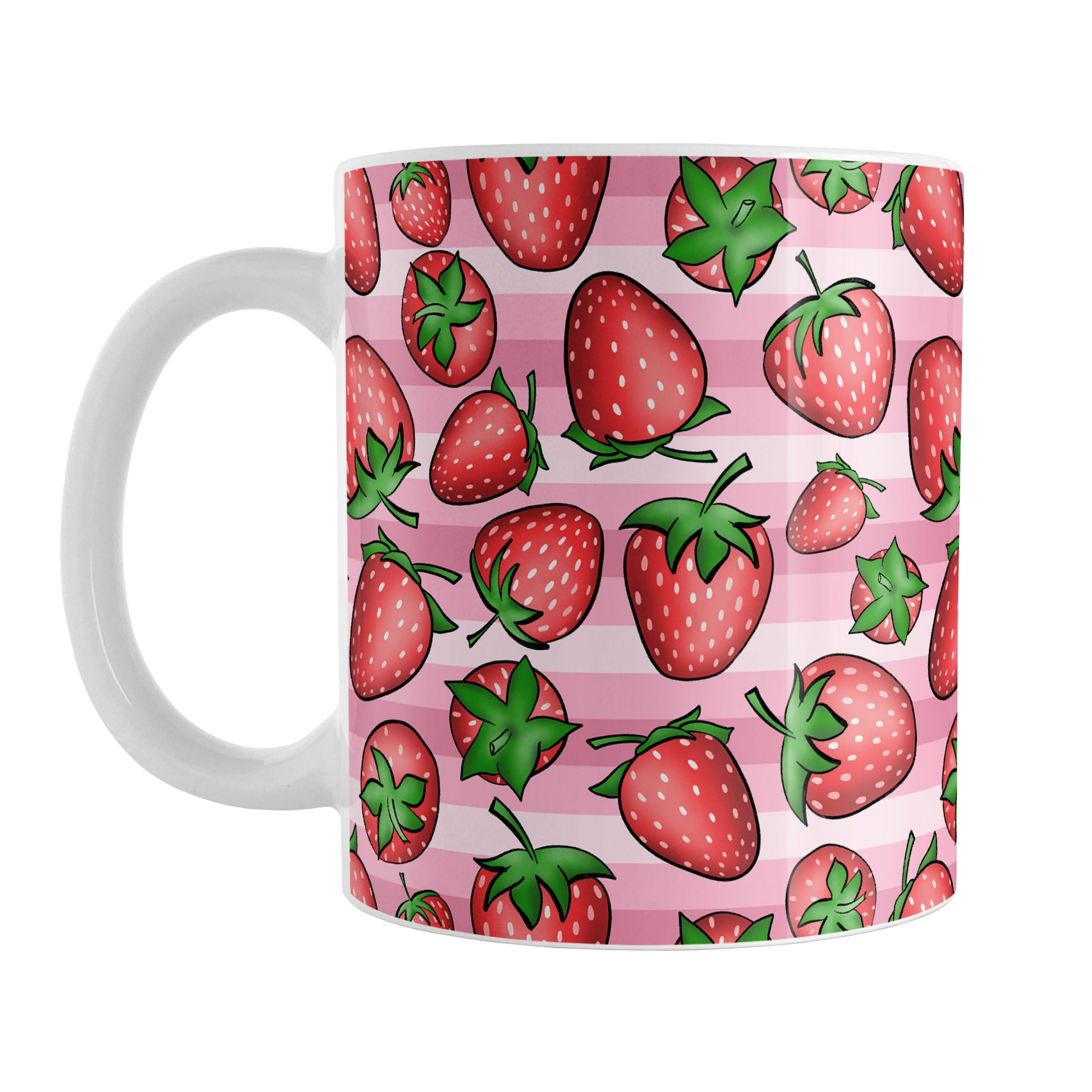 Strawberries on Pink Stripes Mug (11oz) at Amy's Coffee Mugs. A ceramic coffee mug featuring a print of hand-drawn strawberries in red and green in an assorted pattern over a pink stripes background that wraps around the mug up to the handle.