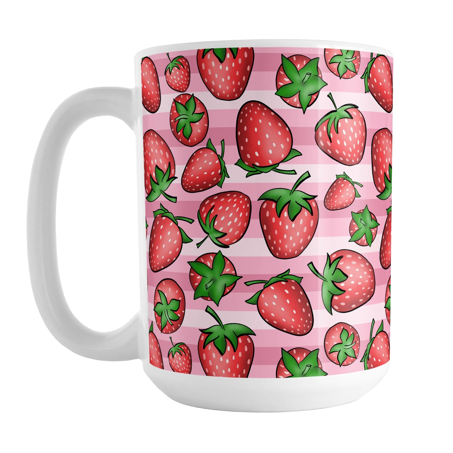 Strawberries on Pink Stripes Mug (15oz) at Amy's Coffee Mugs. A ceramic coffee mug featuring a print of hand-drawn strawberries in red and green in an assorted pattern over a pink stripes background that wraps around the mug up to the handle.