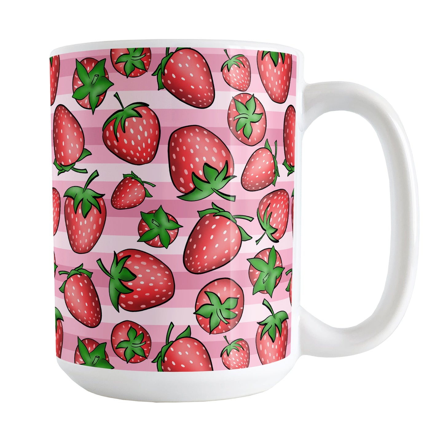 Strawberries on Pink Stripes Mug (15oz) at Amy's Coffee Mugs. A ceramic coffee mug featuring a print of hand-drawn strawberries in red and green in an assorted pattern over a pink stripes background that wraps around the mug up to the handle.