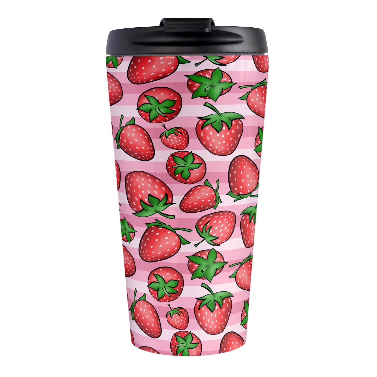 Strawberries on Pink Stripes Travel Mug (15oz) at Amy's Coffee Mugs. A travel mug featuring a print of hand-drawn strawberries in red and green in an assorted pattern over a pink stripes background that wraps around the mug.