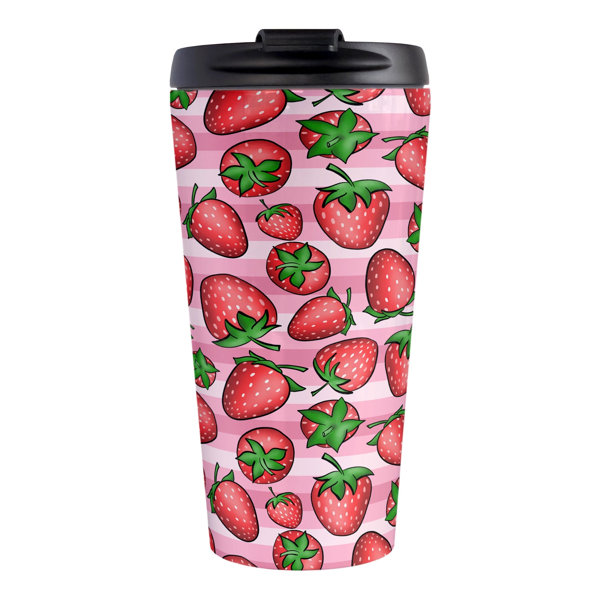 Strawberries on Pink Stripes Travel Mug (15oz) at Amy's Coffee Mugs. A travel mug featuring a print of hand-drawn strawberries in red and green in an assorted pattern over a pink stripes background that wraps around the mug.