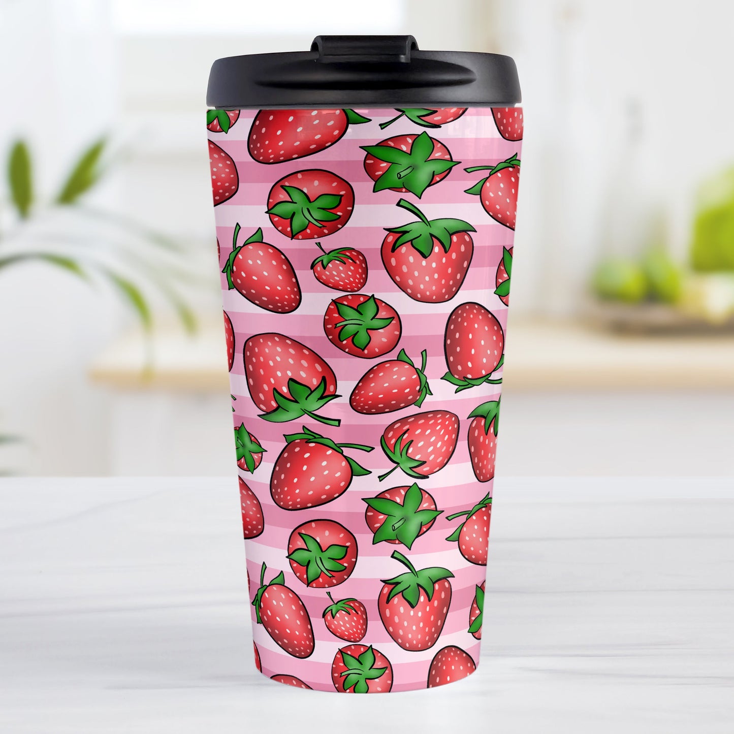 Strawberries on Pink Stripes Travel Mug (15oz) at Amy's Coffee Mugs. A travel mug featuring a print of hand-drawn strawberries in red and green in an assorted pattern over a pink stripes background that wraps around the mug.