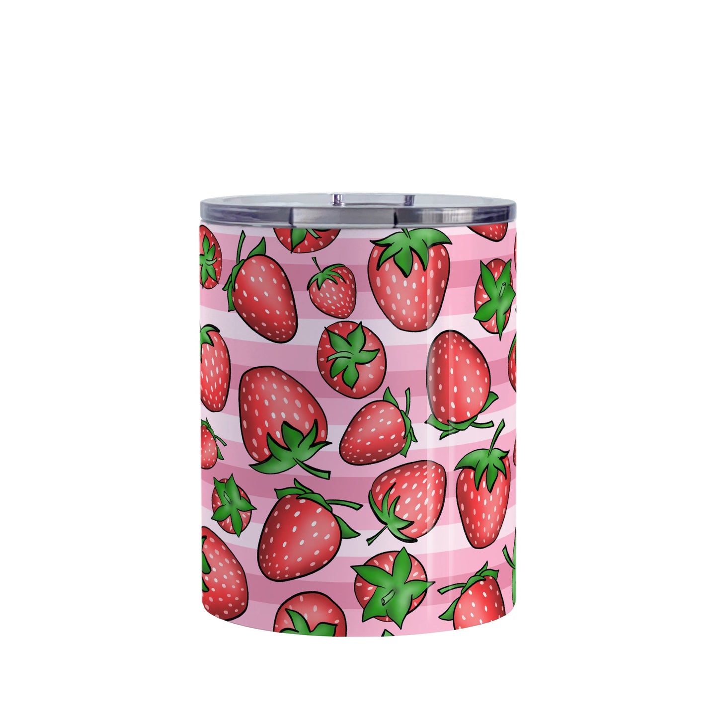 Strawberries on Pink Stripes Tumbler Cup (10oz, stainless steel insulated) at Amy's Coffee Mugs. A tumbler cup featuring a print of hand-drawn strawberries in red and green in an assorted pattern over a pink stripes background that wraps around the cup.