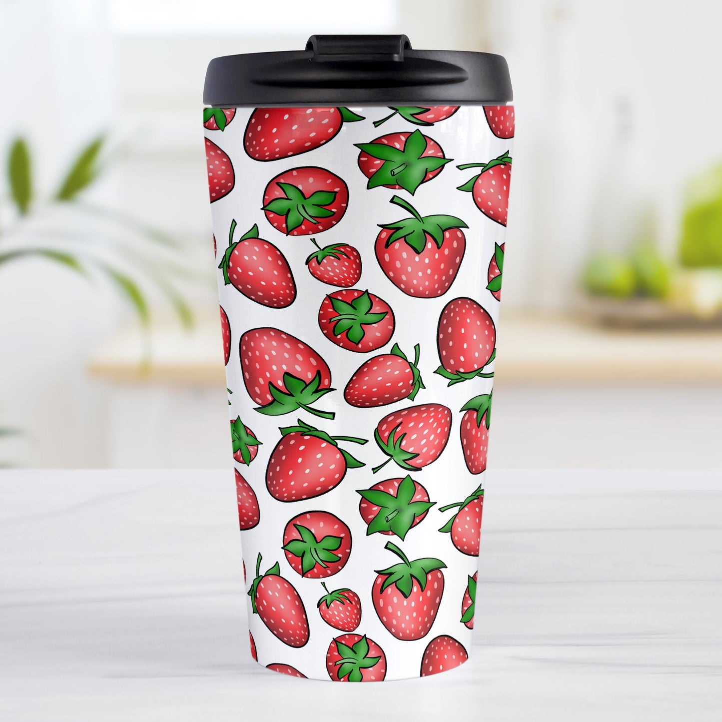 Strawberries Travel Mug (15oz) at Amy's Coffee Mugs. A travel mug featuring a print of hand-drawn strawberries in red and green in an assorted pattern that wraps around the mug.