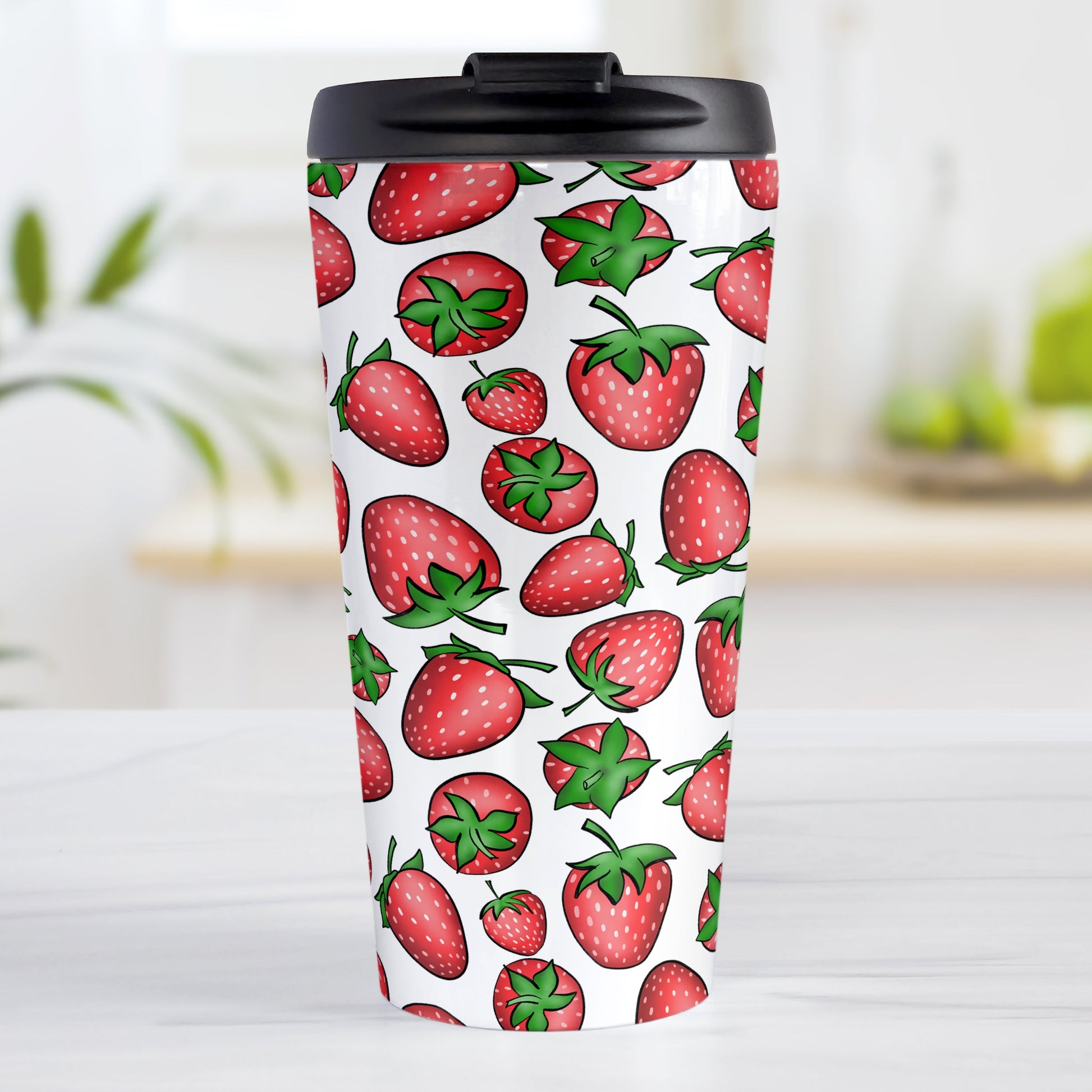 Strawberries Travel Mug (15oz) at Amy's Coffee Mugs. A travel mug featuring a print of hand-drawn strawberries in red and green in an assorted pattern that wraps around the mug.