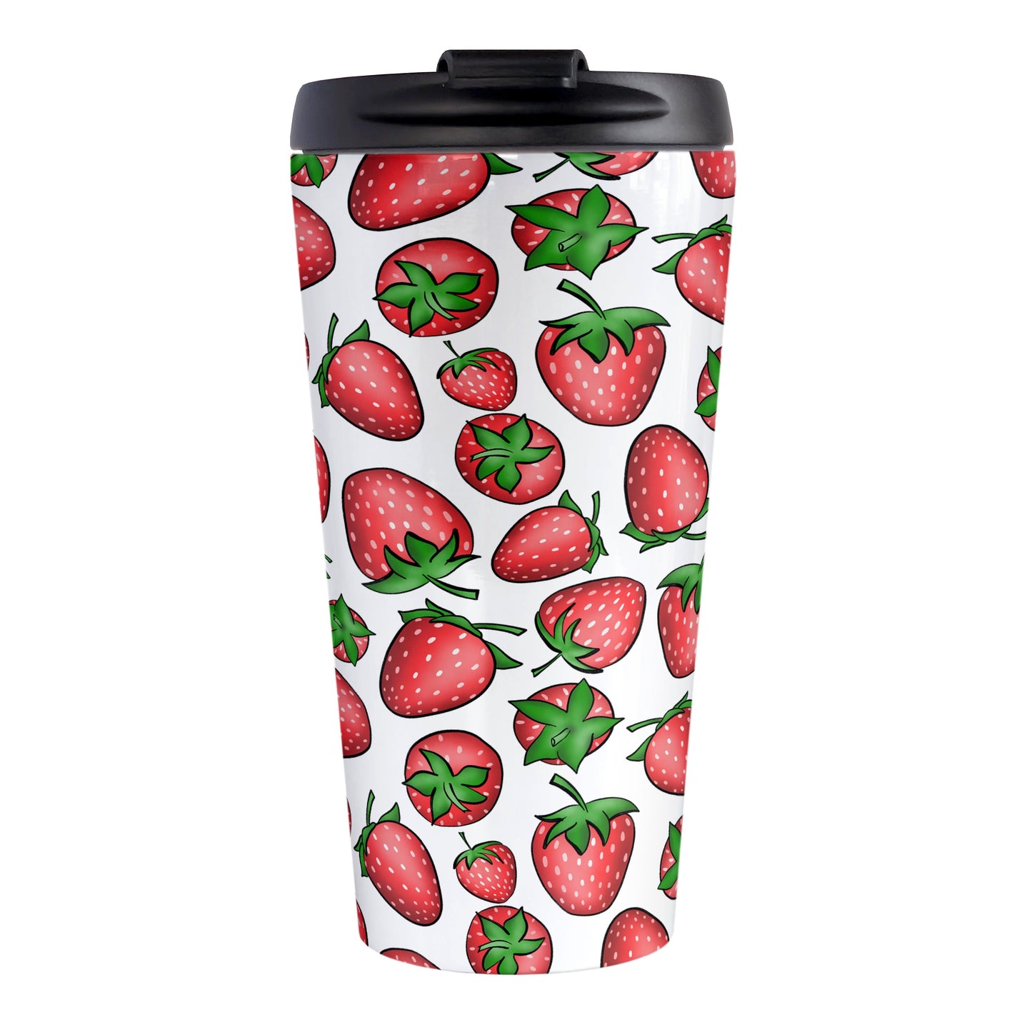 Strawberries Travel Mug (15oz) at Amy's Coffee Mugs. A travel mug featuring a print of hand-drawn strawberries in red and green in an assorted pattern that wraps around the mug.