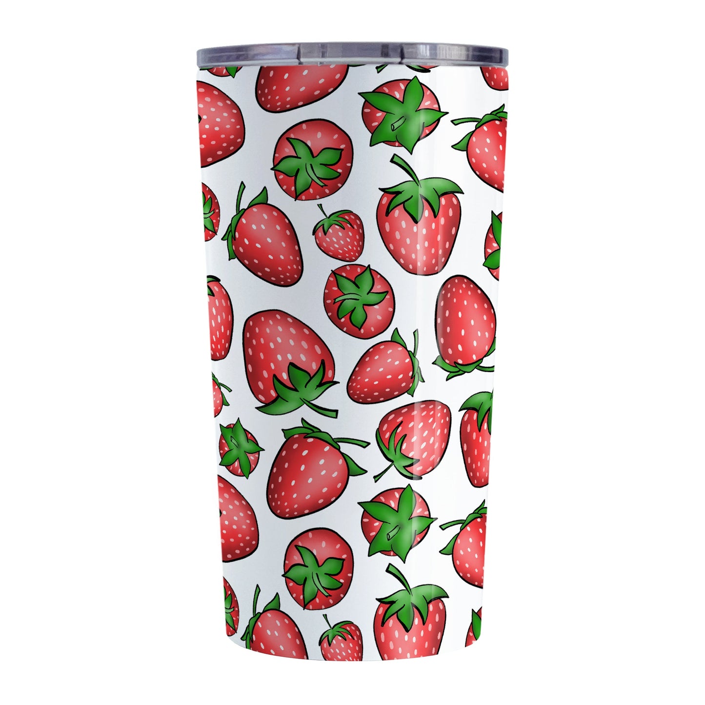 Strawberries Tumbler Cup (20oz, stainless steel insulated) at Amy's Coffee Mugs. A tumbler cup featuring a print of hand-drawn strawberries in red and green in an assorted pattern that wraps around the cup.