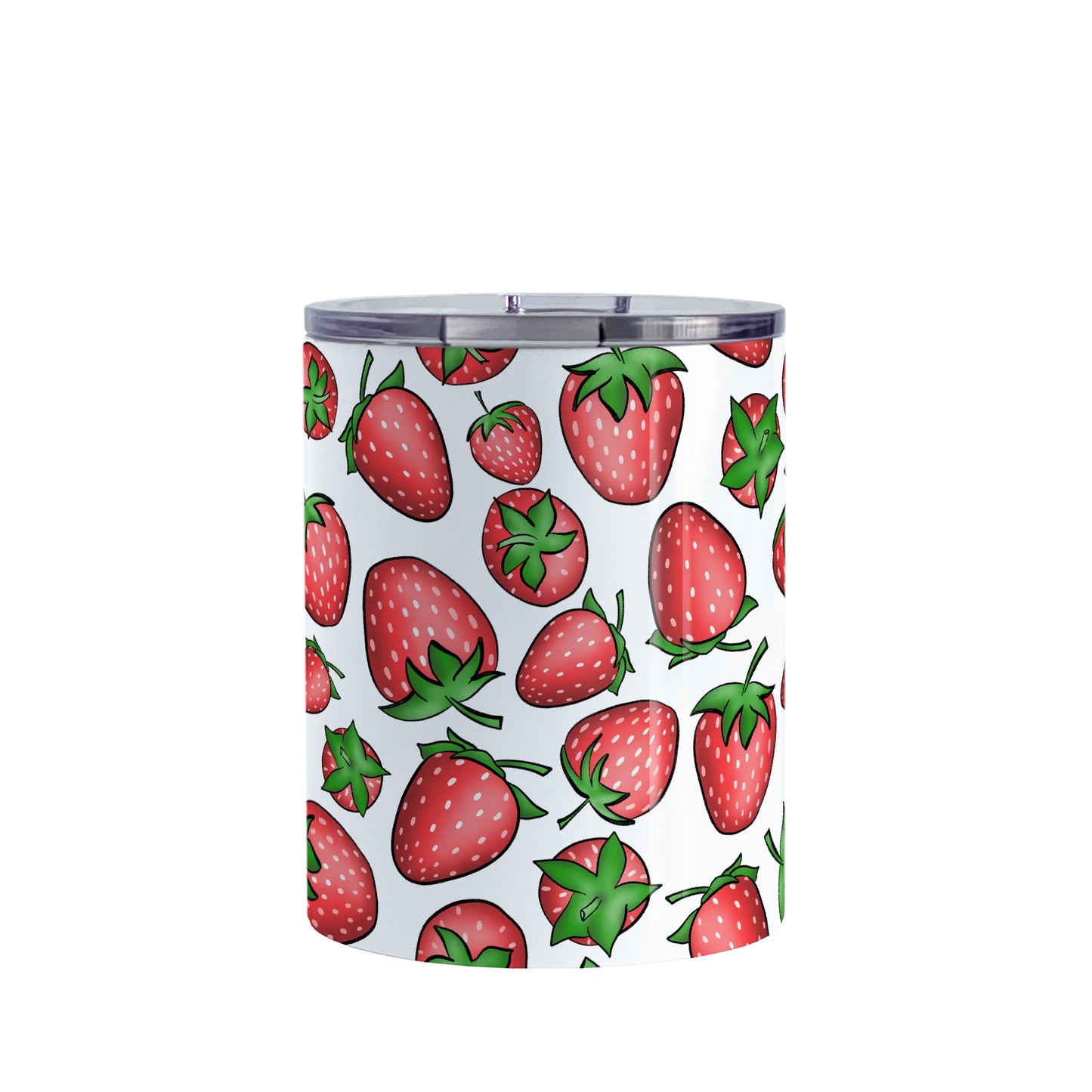 Strawberries Tumbler Cup (10oz, stainless steel insulated) at Amy's Coffee Mugs. A tumbler cup featuring a print of hand-drawn strawberries in red and green in an assorted pattern that wraps around the cup.