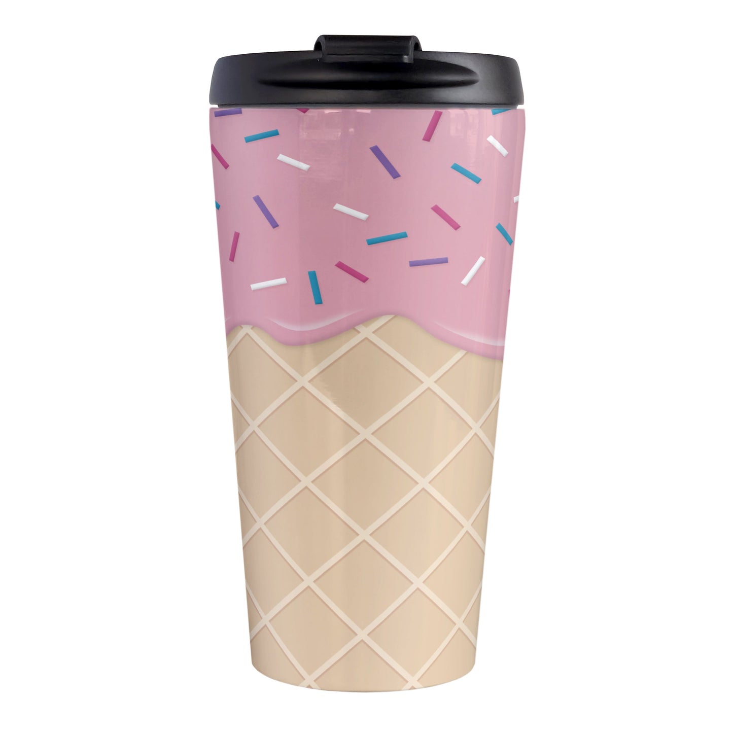 Strawberry Ice Cream Waffle Cone Travel Mug (15oz, stainless steel insulated) at Amy's Coffee Mugs. A travel mug with a yummy looking dessert illustration of pink strawberry ice cream with sprinkles atop a waffle cone pattern in a design that wraps around the mug.