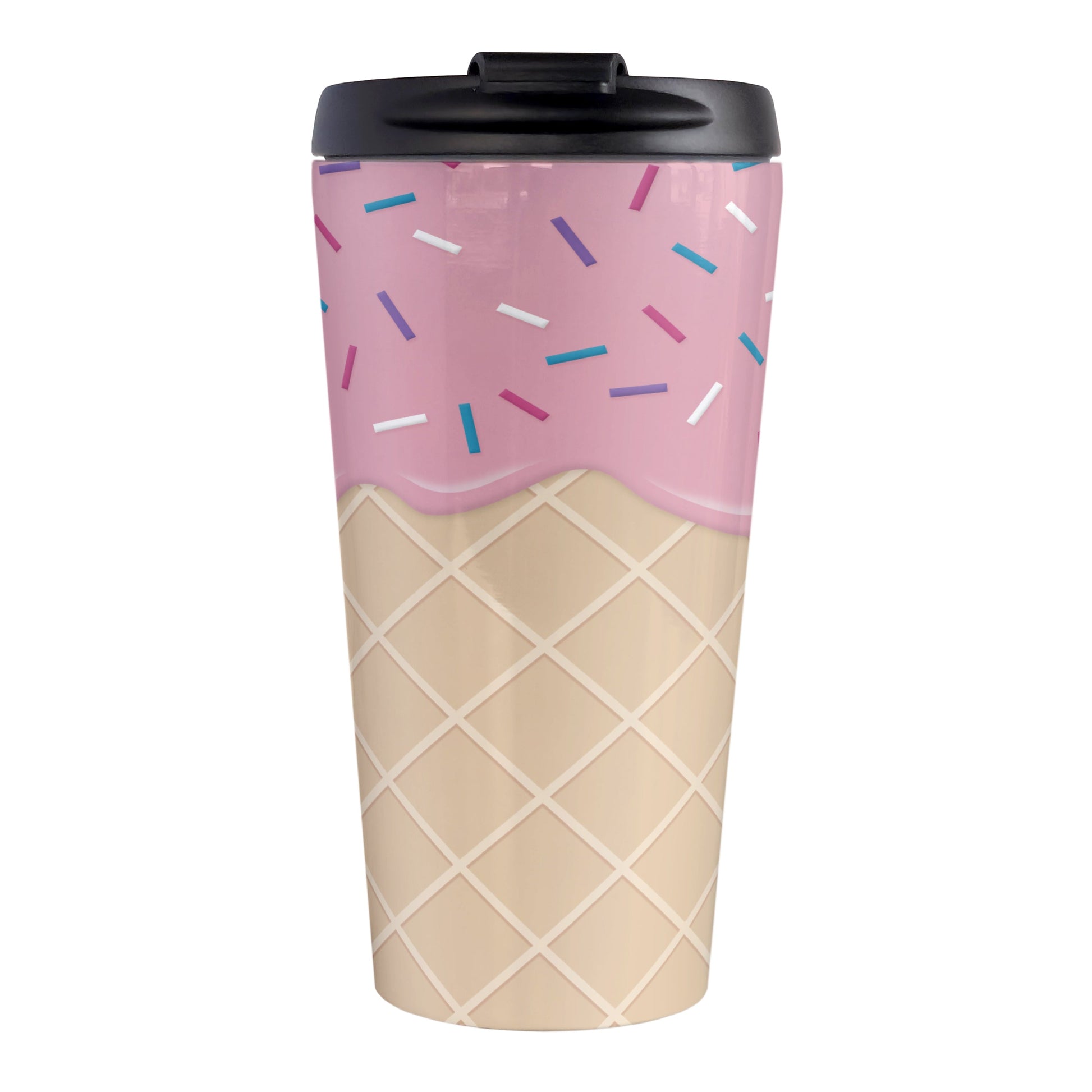 Strawberry Ice Cream Waffle Cone Travel Mug (15oz, stainless steel insulated) at Amy's Coffee Mugs. A travel mug with a yummy looking dessert illustration of pink strawberry ice cream with sprinkles atop a waffle cone pattern in a design that wraps around the mug.