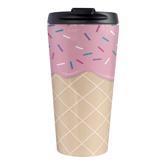Strawberry Ice Cream Waffle Cone Travel Mug (15oz, stainless steel insulated) at Amy's Coffee Mugs. A travel mug with a yummy looking dessert illustration of pink strawberry ice cream with sprinkles atop a waffle cone pattern in a design that wraps around the mug.