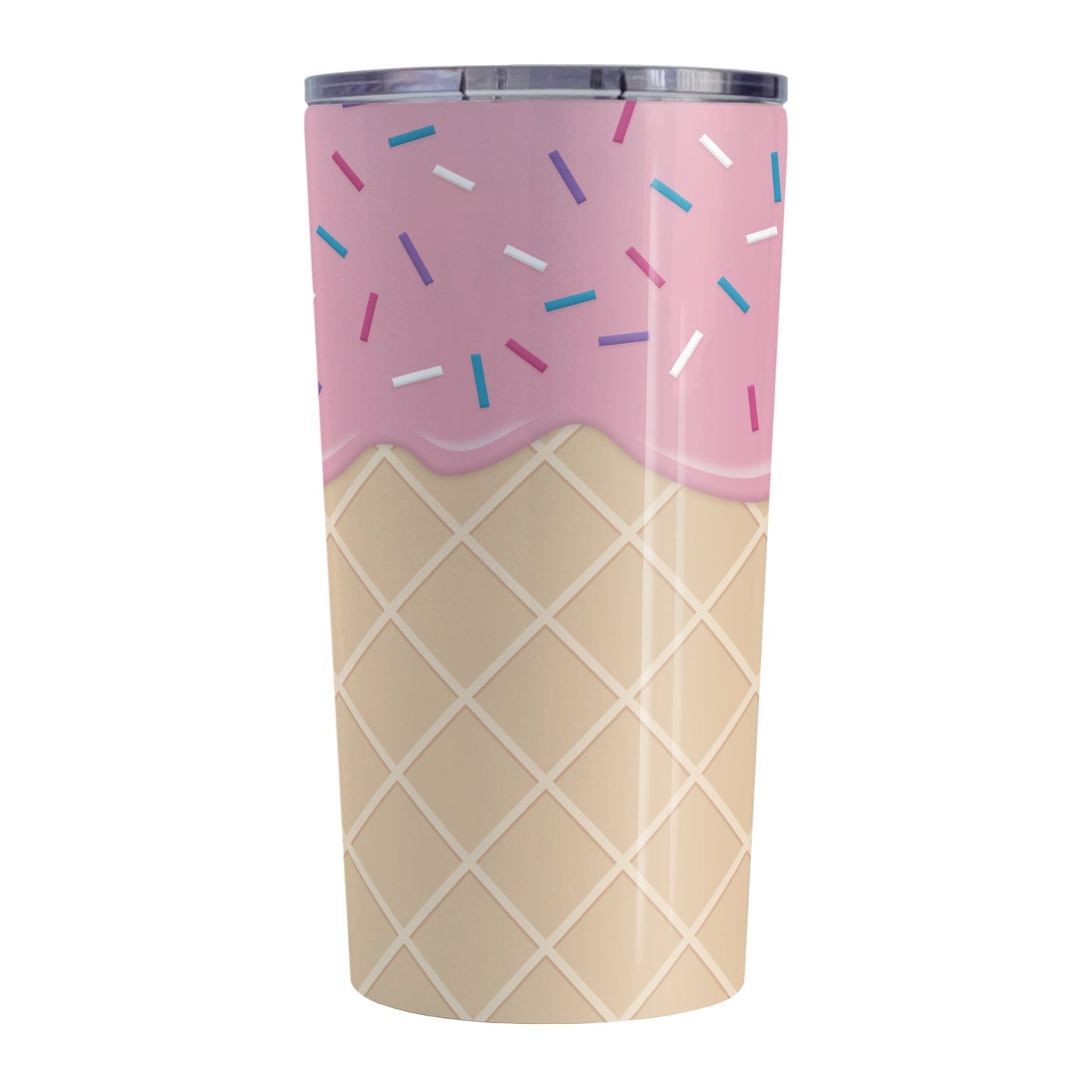 Strawberry Ice Cream Waffle Cone Tumbler Cup (20oz, stainless steel insulated) at Amy's Coffee Mugs. A tumbler cup with a yummy looking dessert illustration of pink strawberry ice cream with sprinkles atop a waffle cone pattern in a design that wraps around the cup.