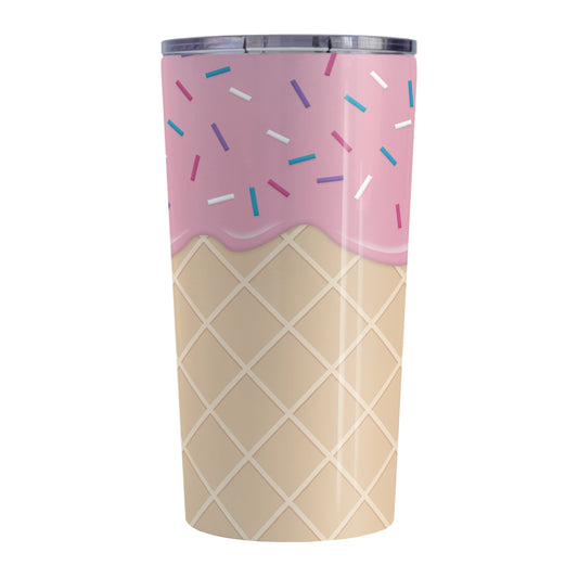 Strawberry Ice Cream Waffle Cone Tumbler Cup (20oz, stainless steel insulated) at Amy's Coffee Mugs. A tumbler cup with a yummy looking dessert illustration of pink strawberry ice cream with sprinkles atop a waffle cone pattern in a design that wraps around the cup.
