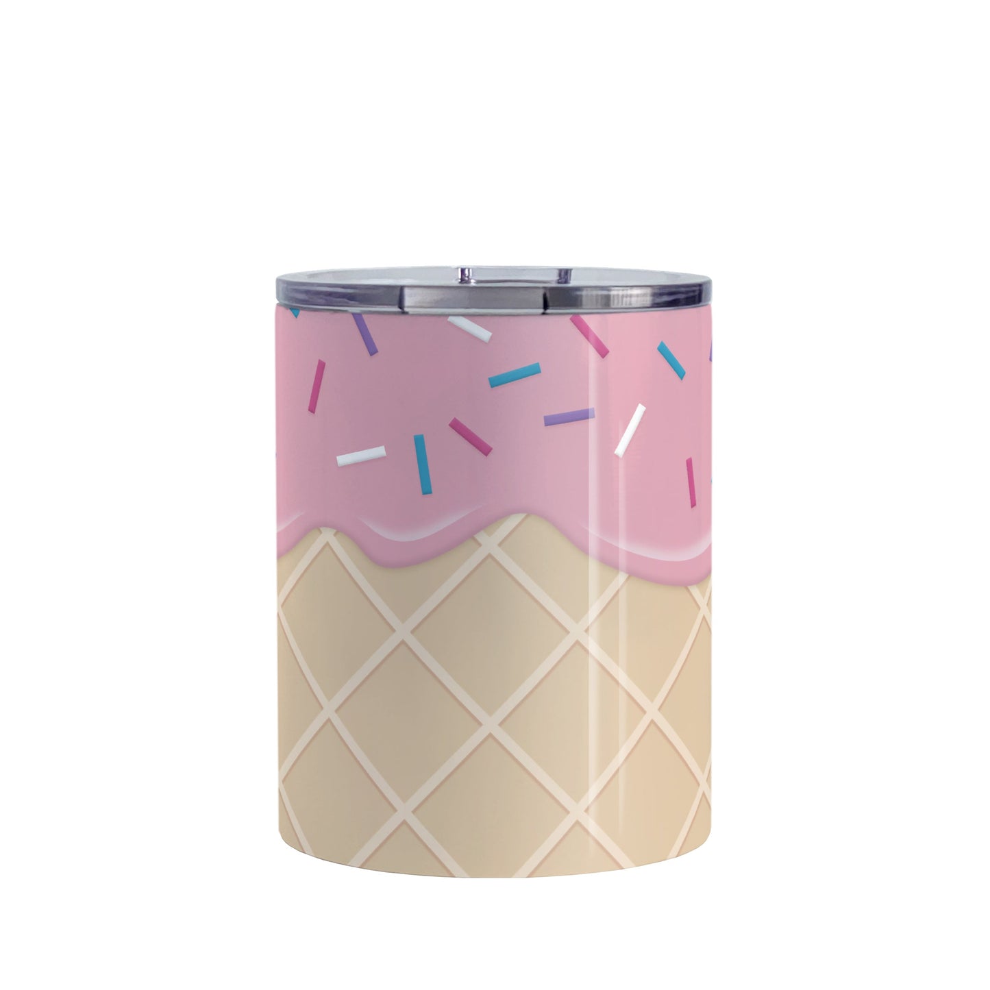Strawberry Ice Cream Waffle Cone Tumbler Cup (10oz, stainless steel insulated) at Amy's Coffee Mugs. A tumbler cup with a yummy looking dessert illustration of pink strawberry ice cream with sprinkles atop a waffle cone pattern in a design that wraps around the cup.