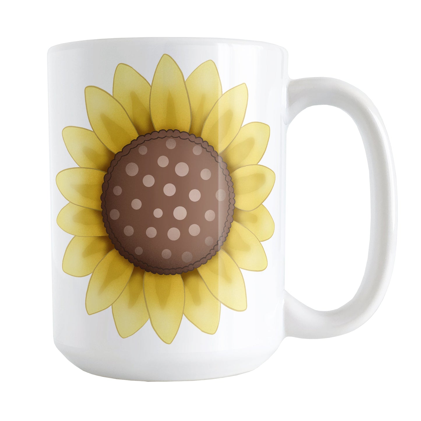 Sunflower Mug (15oz) at Amy's Coffee Mugs. A ceramic coffee mug designed with a big bright yellow sunflower illustration, with a dotted brown center, on both sides of the mug.
