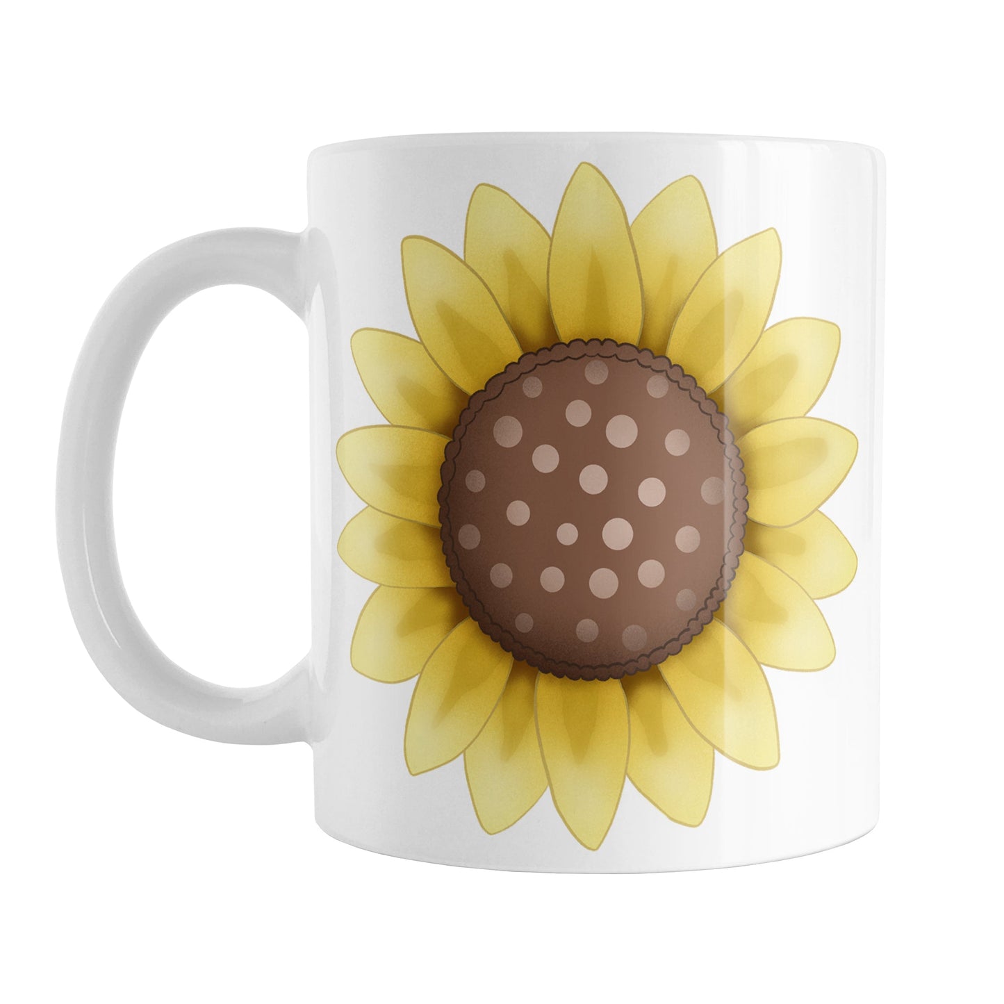 Sunflower Mug (11oz) at Amy's Coffee Mugs. A ceramic coffee mug designed with a big bright yellow sunflower illustration, with a dotted brown center, on both sides of the mug.