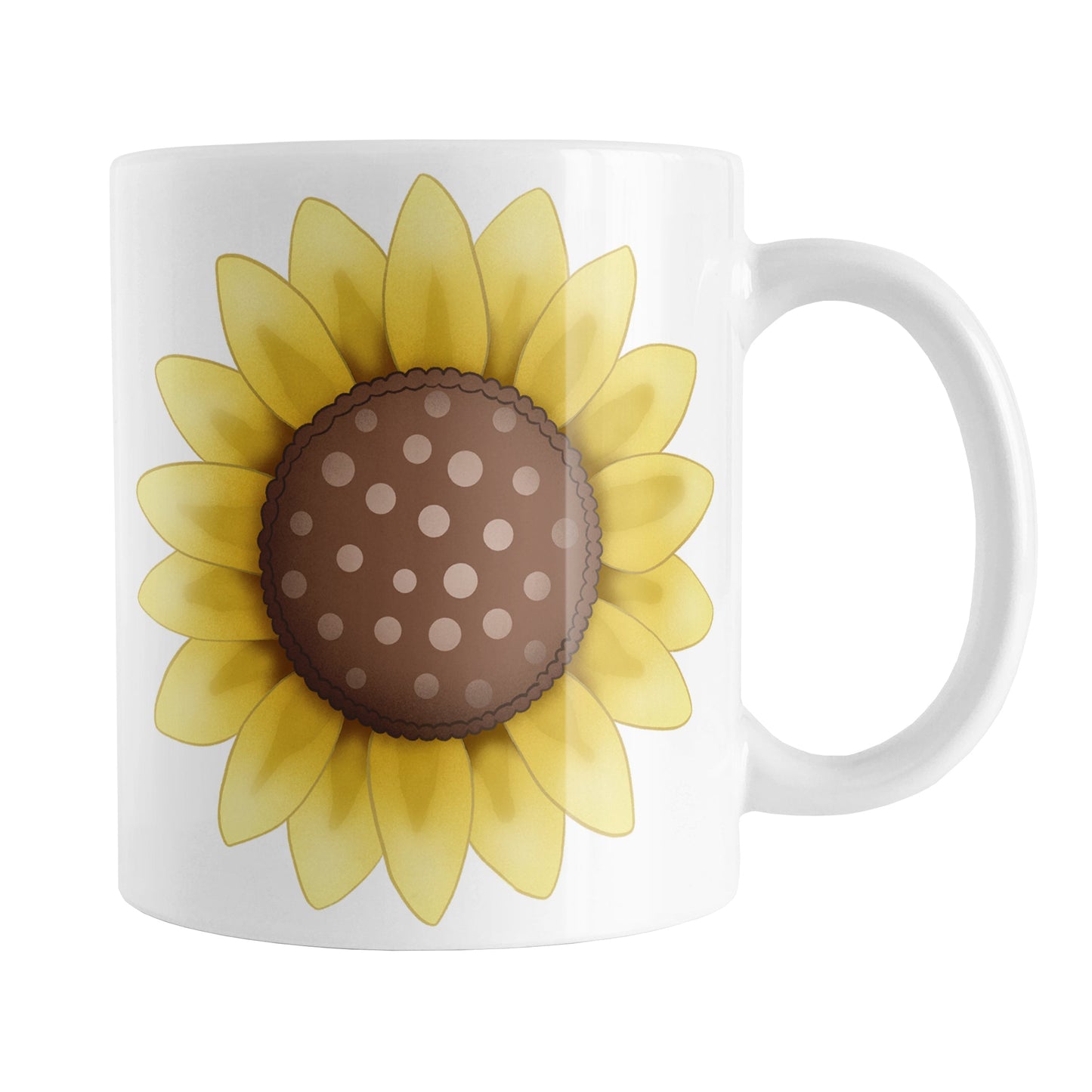 Sunflower Mug (11oz) at Amy's Coffee Mugs. A ceramic coffee mug designed with a big bright yellow sunflower illustration, with a dotted brown center, on both sides of the mug.