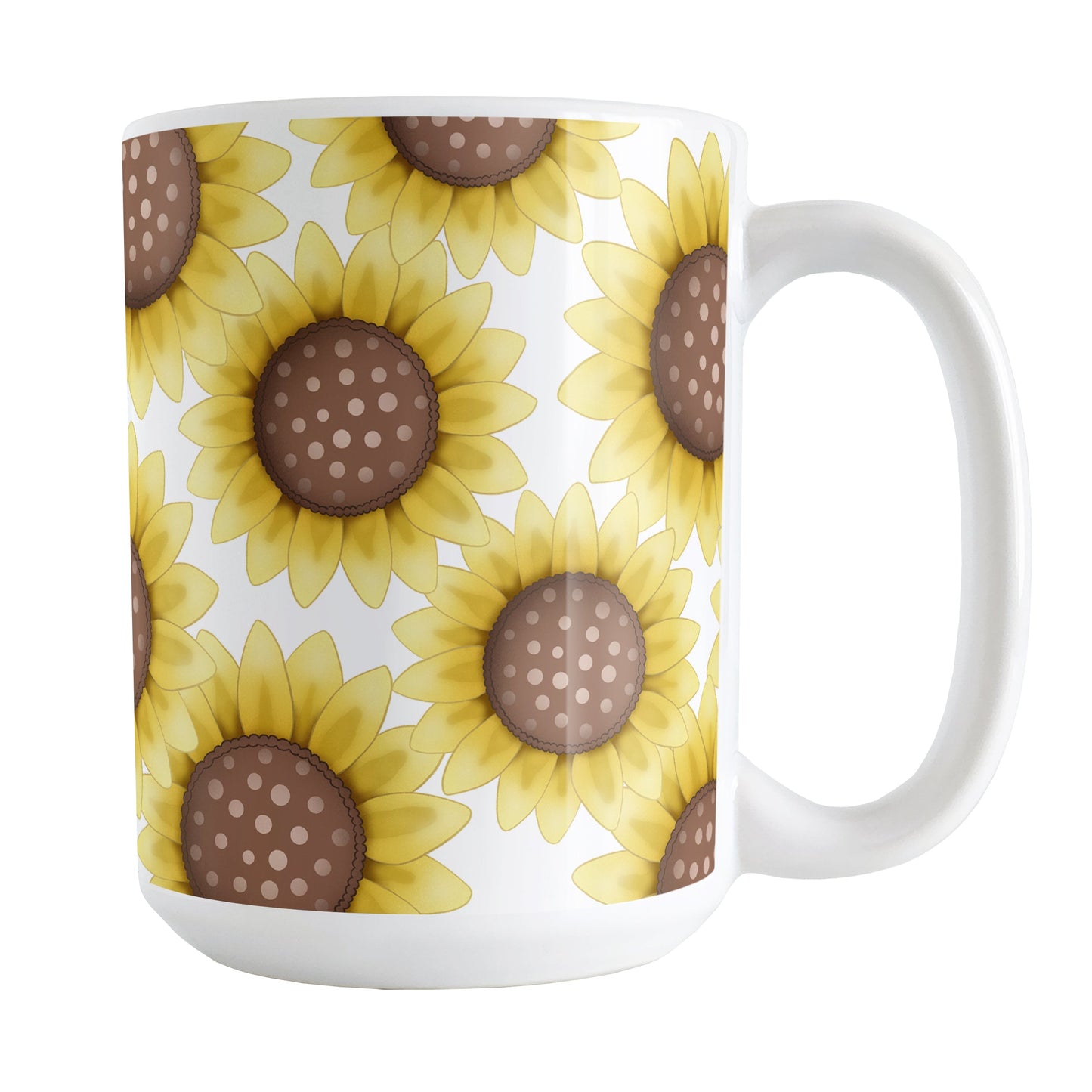 Sunflower Pattern Mug (15oz) at Amy's Coffee Mugs. A ceramic coffee mug designed with cute yellow sunflowers with dotted brown centers in a pattern that wraps around the mug to the handle.