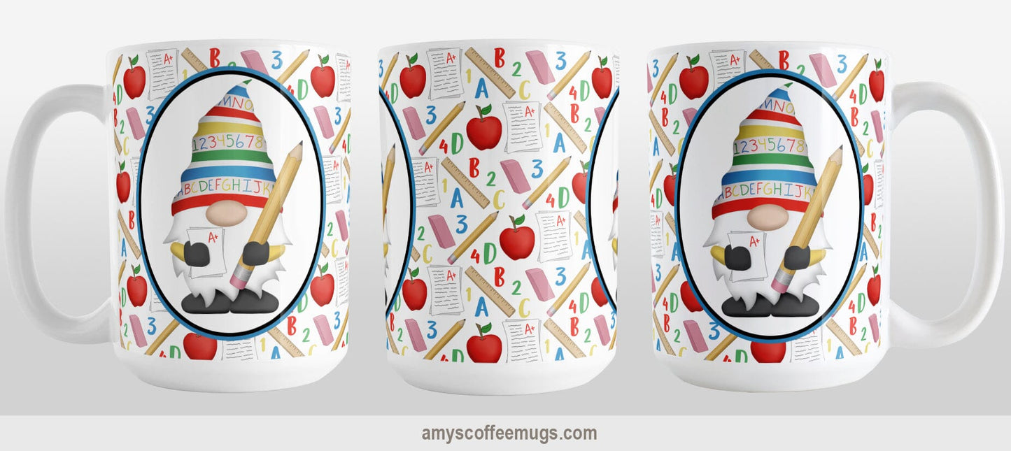 Teacher Gnome School Pattern Mug at Amy's Coffee Mugs