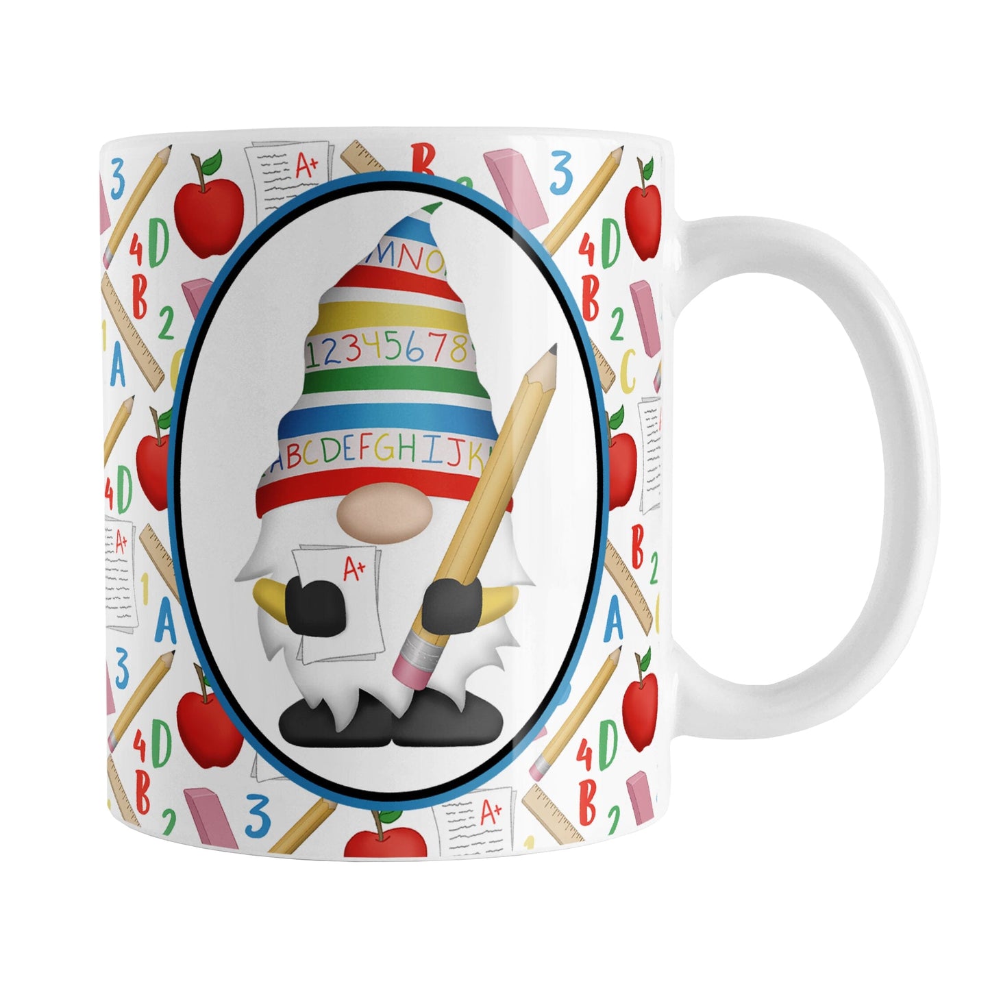 Teacher Gnome School Pattern Mug (11oz) at Amy's Coffee Mugs. A ceramic coffee mug designed with an illustration of an adorable gnome wearing a festive hat with numbers and letters in primary colors and holding a large oversized pencil and graded A+ paper inside an oval. This cute gnome design is on both sides of the mug over a school-themed pattern that wraps around the mug to the handle with apples, rulers, erasers, graded papers, numbers, and letters.