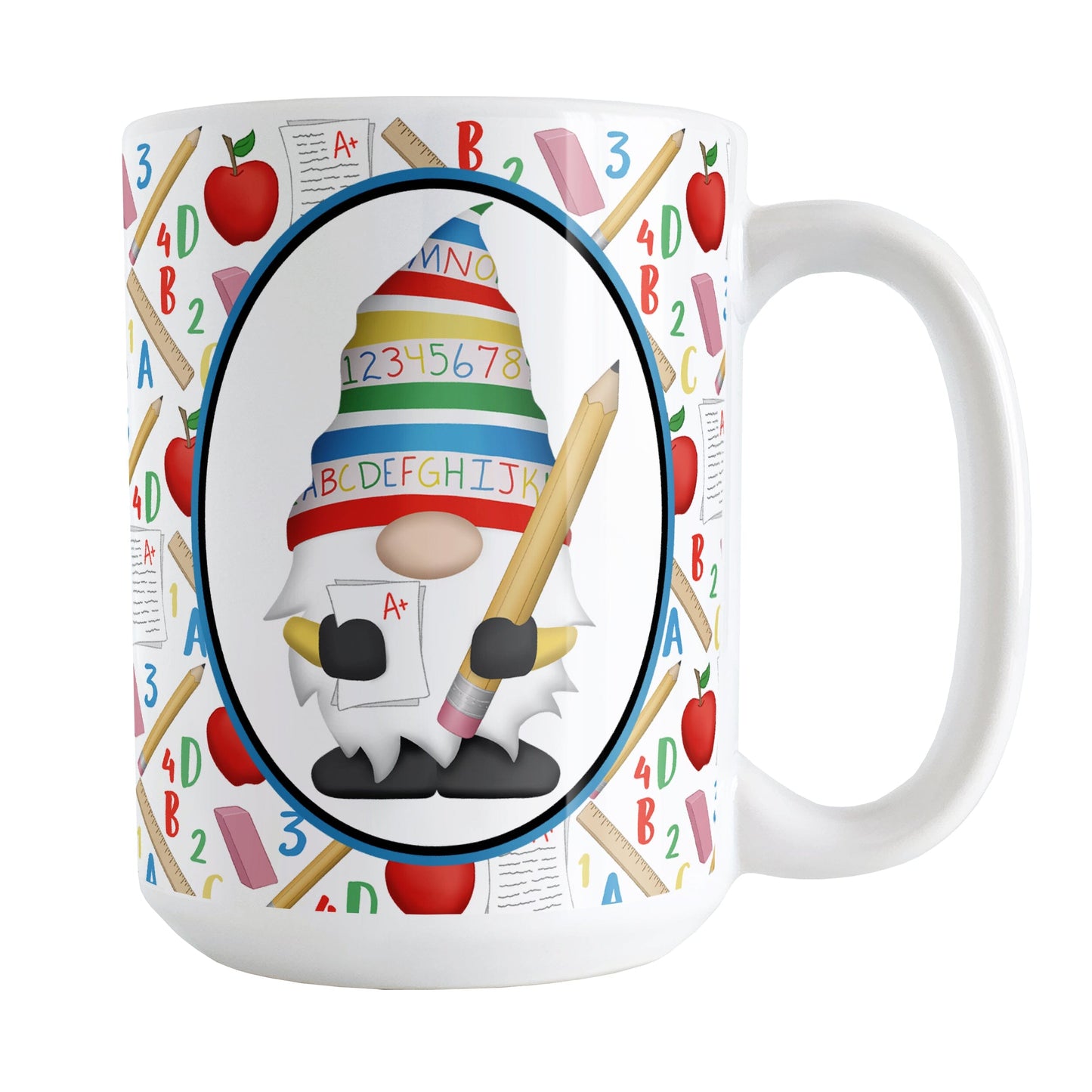 Teacher Gnome School Pattern Mug (15oz) at Amy's Coffee Mugs. A ceramic coffee mug designed with an illustration of an adorable gnome wearing a festive hat with numbers and letters in primary colors and holding a large oversized pencil and graded A+ paper inside an oval. This cute gnome design is on both sides of the mug over a school-themed pattern that wraps around the mug to the handle with apples, rulers, erasers, graded papers, numbers, and letters.
