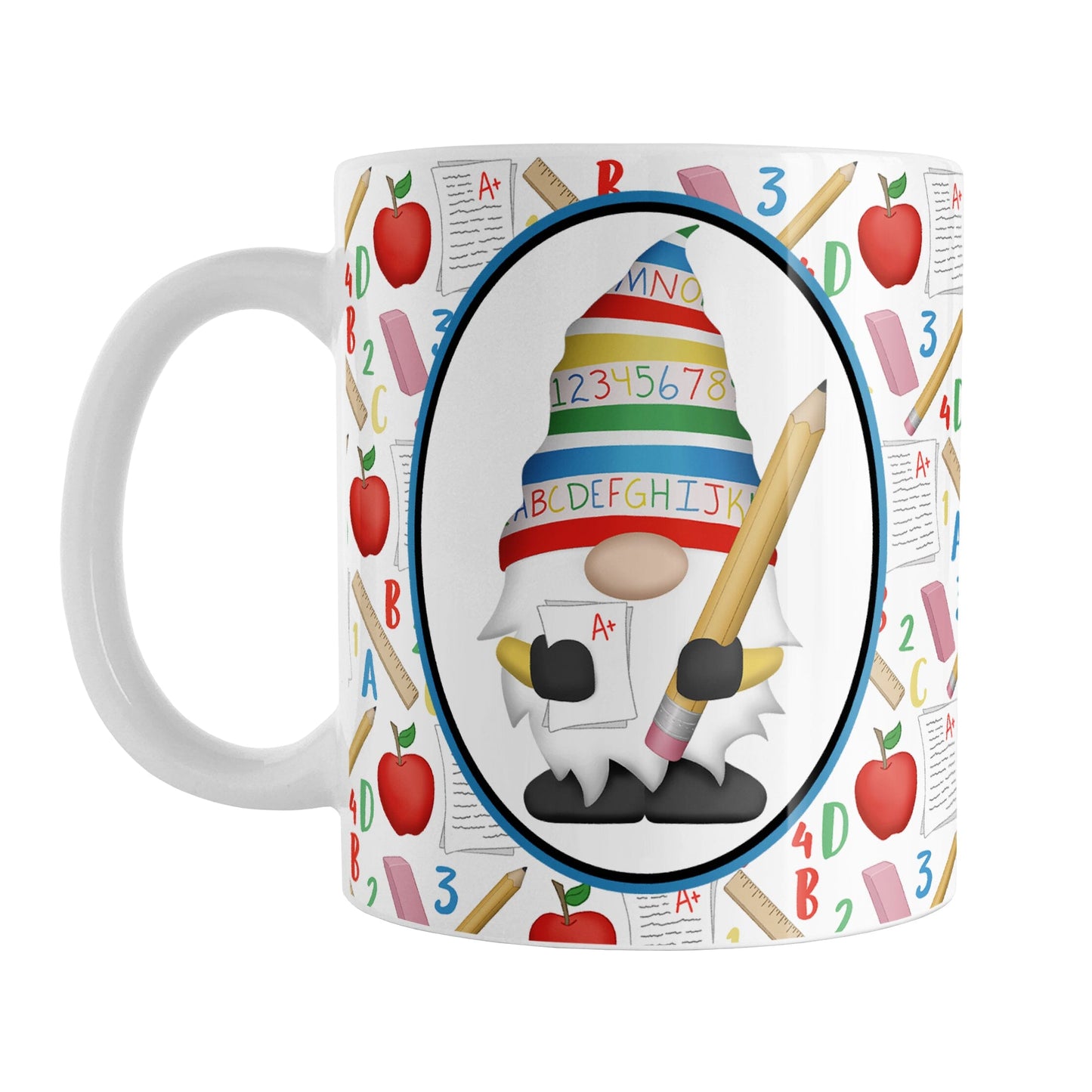 Teacher Gnome School Pattern Mug (11oz) at Amy's Coffee Mugs. A ceramic coffee mug designed with an illustration of an adorable gnome wearing a festive hat with numbers and letters in primary colors and holding a large oversized pencil and graded A+ paper inside an oval. This cute gnome design is on both sides of the mug over a school-themed pattern that wraps around the mug to the handle with apples, rulers, erasers, graded papers, numbers, and letters.