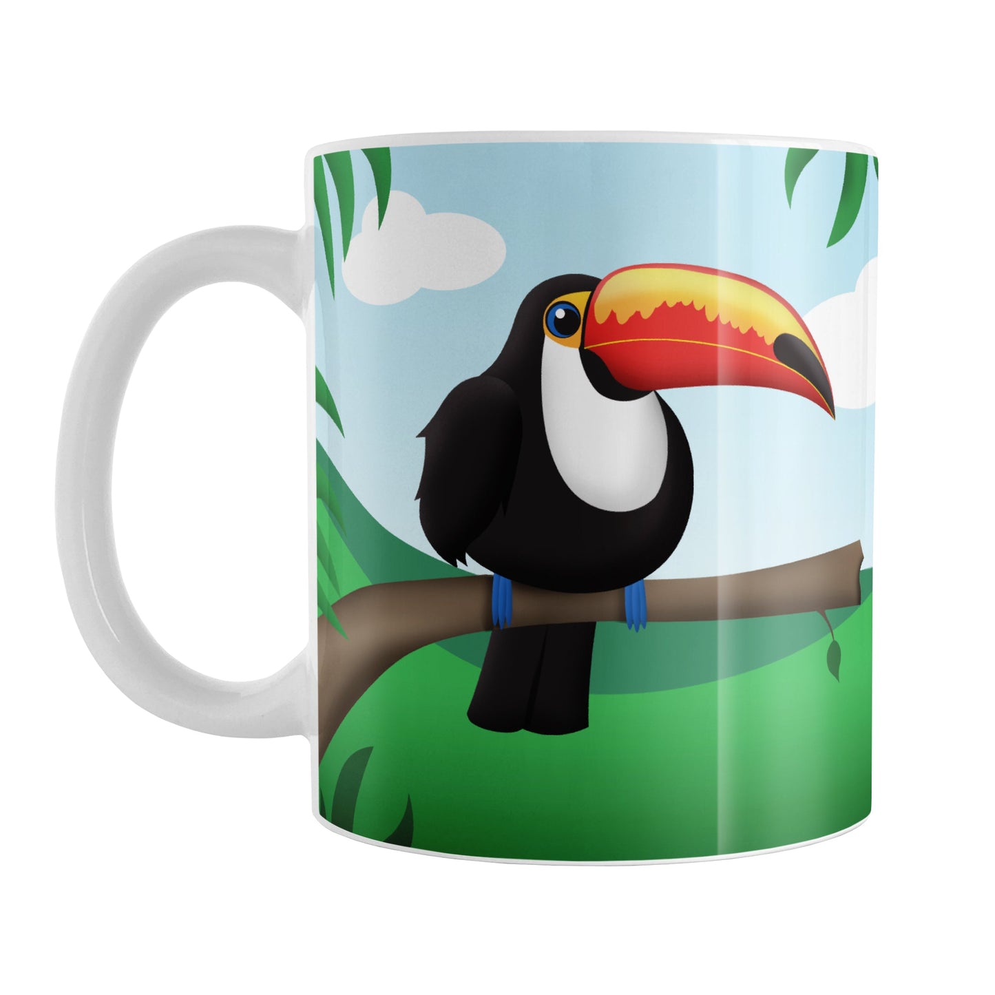 Tropical Toucan Mug (11oz) at Amy's Coffee Mugs. A ceramic coffee mug designed with an illustration of a toucan on a branch on both sides of the mug over a lush green rainforest backdrop with blue skies in the distant. This tropical design wraps around the mug up to the handle.