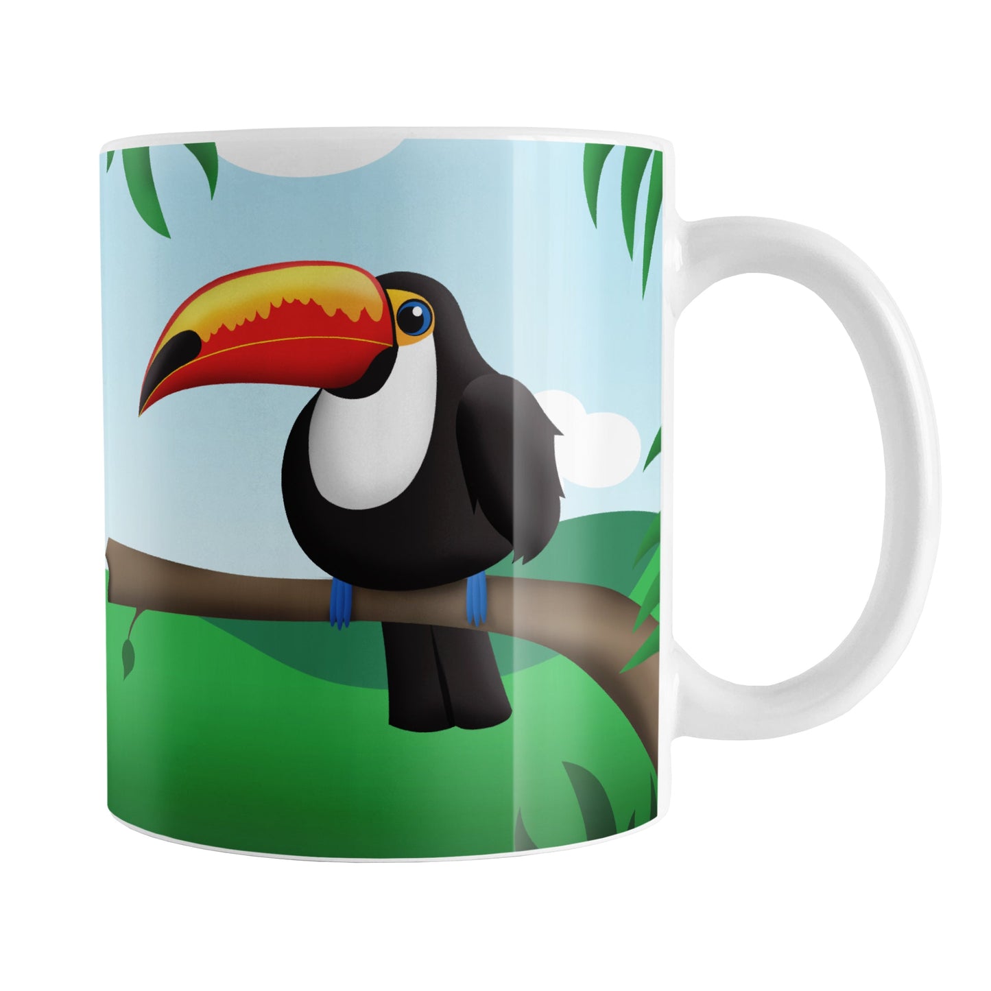 Tropical Toucan Mug (11oz) at Amy's Coffee Mugs. A ceramic coffee mug designed with an illustration of a toucan on a branch on both sides of the mug over a lush green rainforest backdrop with blue skies in the distant. This tropical design wraps around the mug up to the handle.